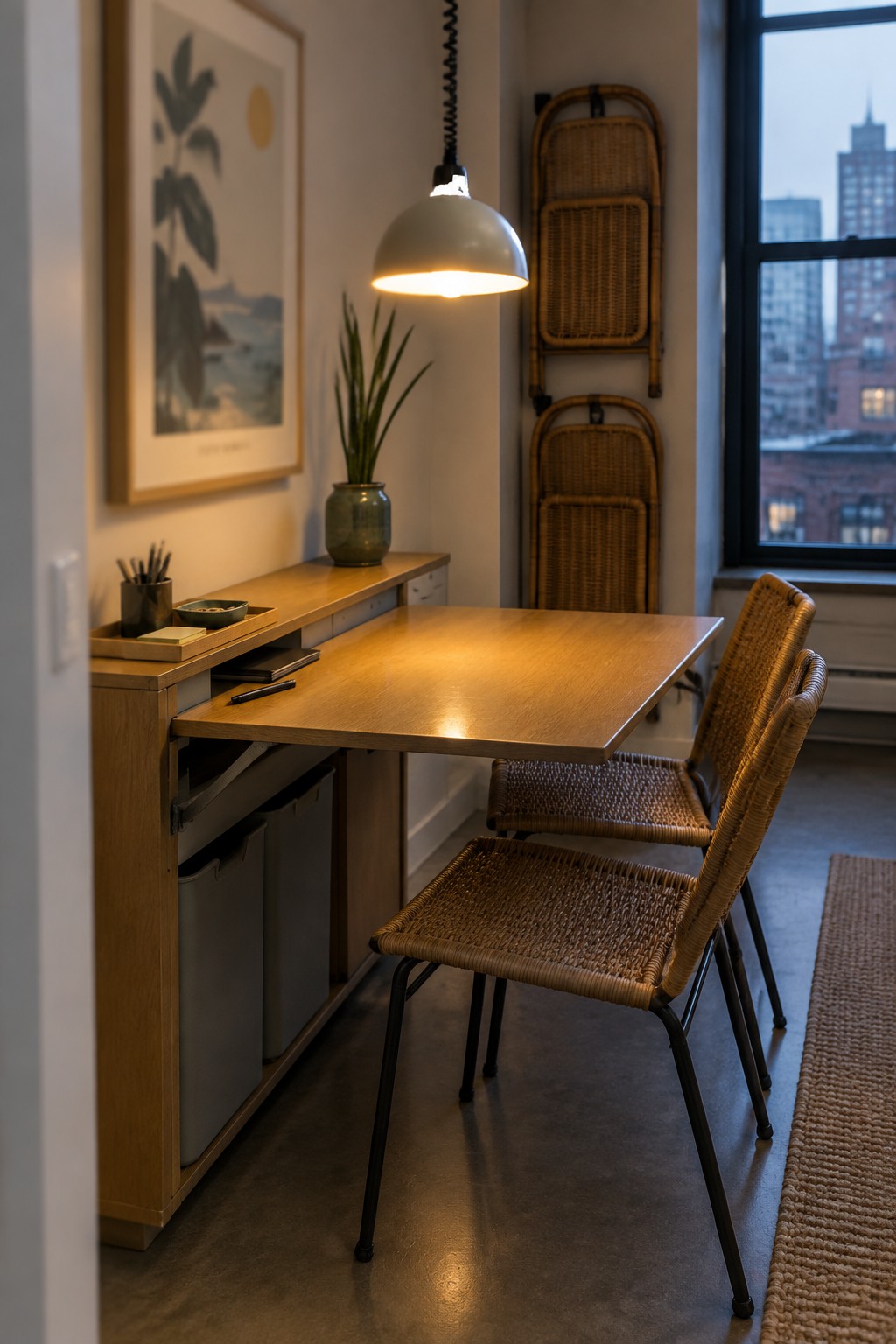 Cozy wooden dining table with woven chairs under lit pendant lamp near city window.