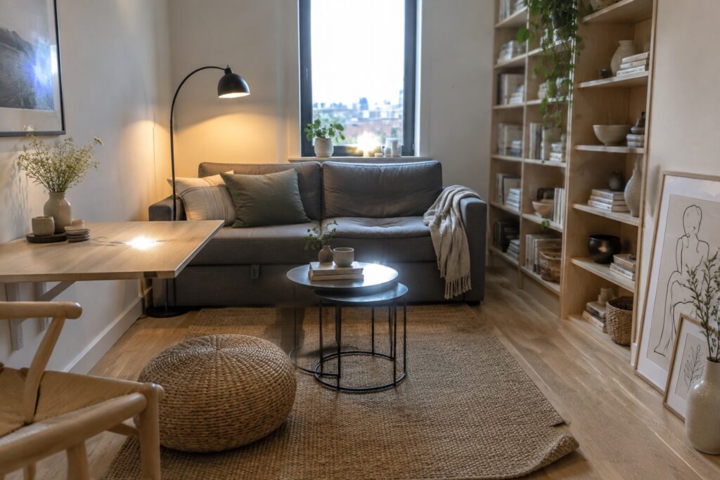 A living room with a gray sofa, two nested round black coffee tables on a large woven rug, a light wood desk and chair, tall bookshelves, and a tall window with a view.