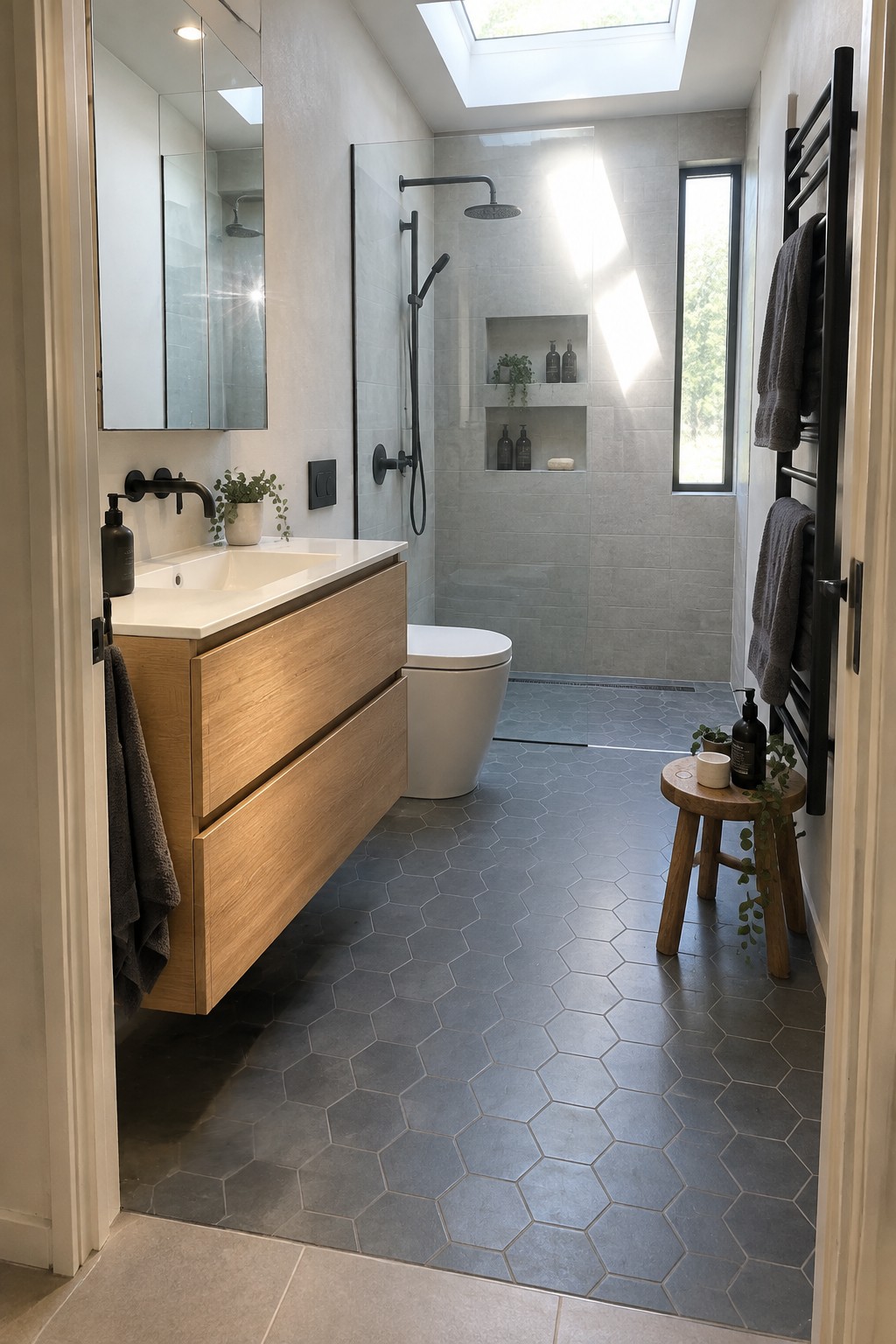 A modern bathroom with a wall-mounted light wood vanity, white sink, black faucet, and a glass-enclosed shower with gray hexagonal floor tiles.