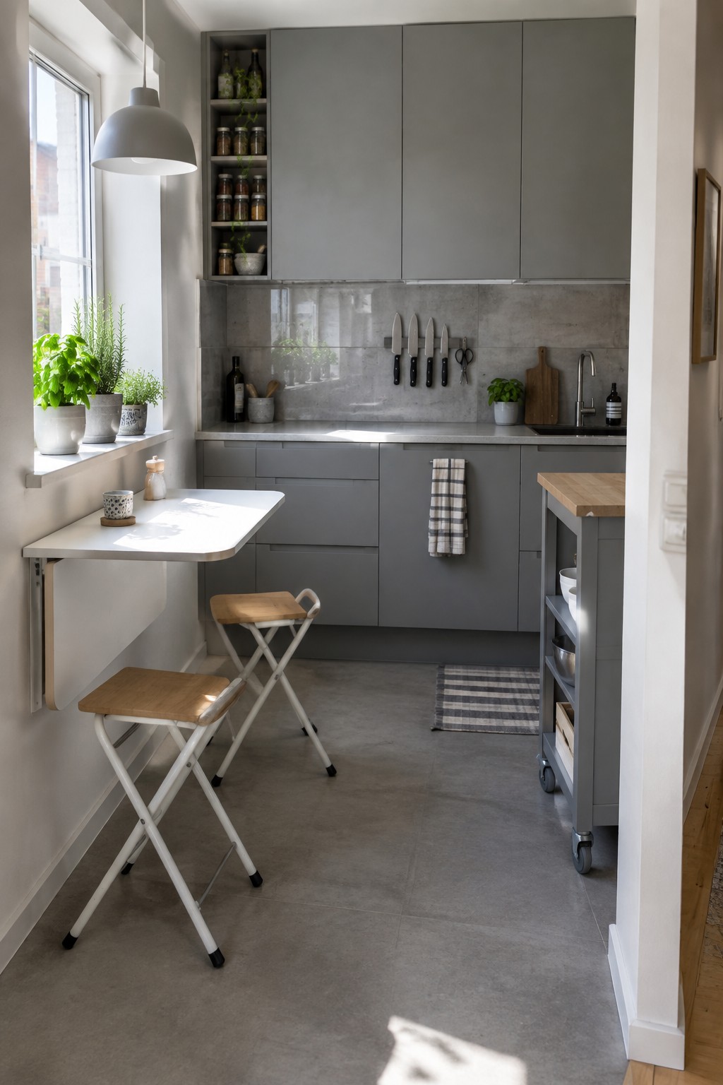 A compact kitchen with gray cabinets, a white wall-mounted fold-down table, two folding wooden stools, and a rolling island on a concrete floor.