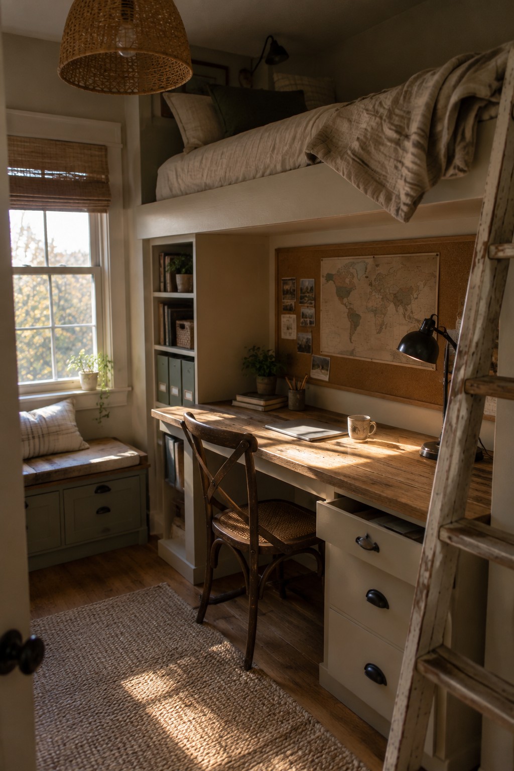 Cozy wooden desk under loft bed with world map and warm sunlight