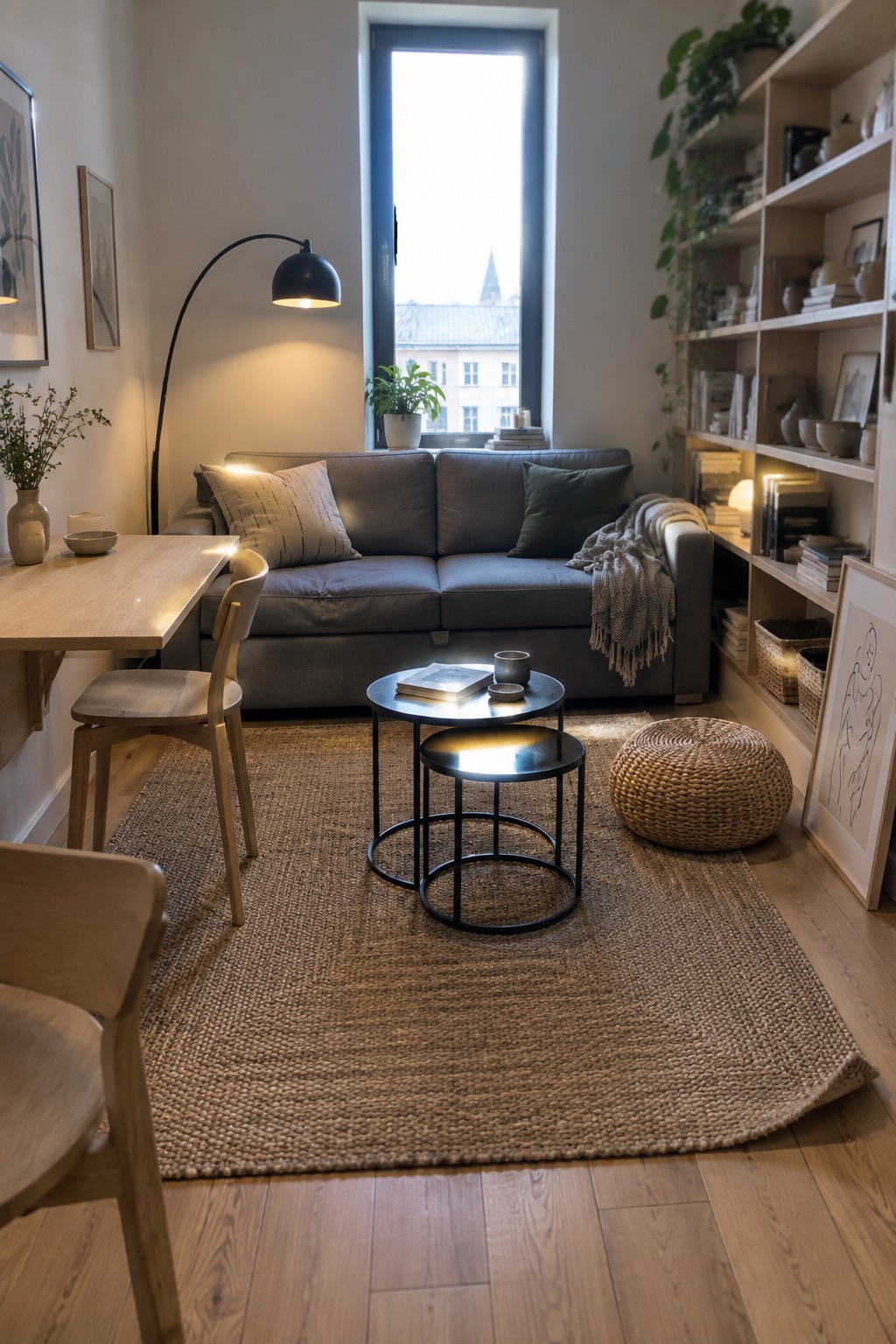 A living room with a gray sofa, two nested round black coffee tables on a large woven rug, a light wood desk and chair, tall bookshelves, and a tall window with a view.