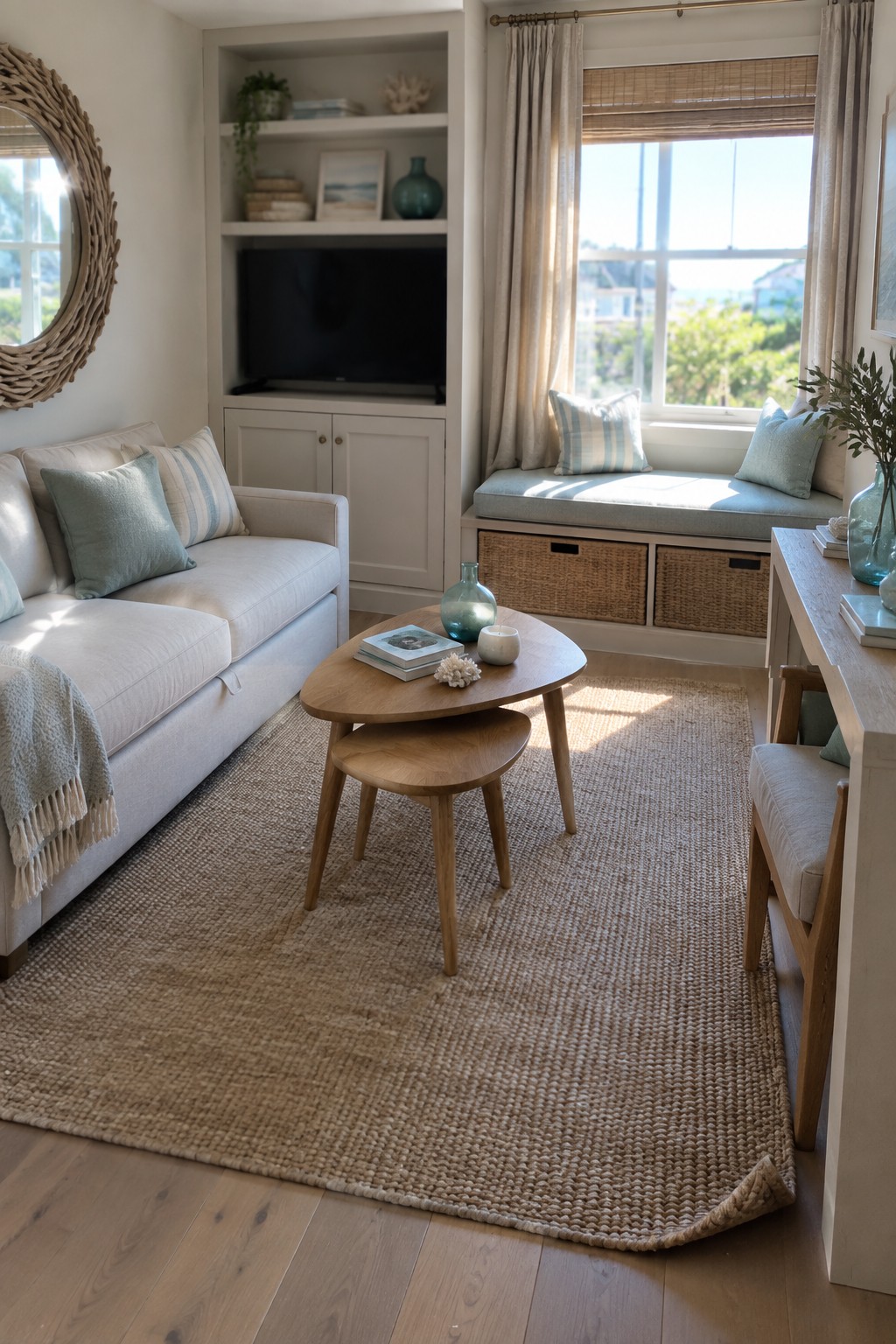 A living room featuring a light sofa, two nested oval wooden coffee tables on a large woven rug, built-in shelves with a television, and a window seat with storage baskets underneath.