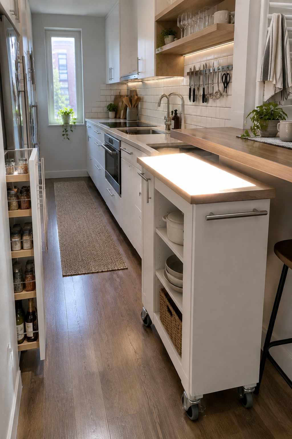Modern kitchen with white cabinets, rolling island, wood counters, and runner rug