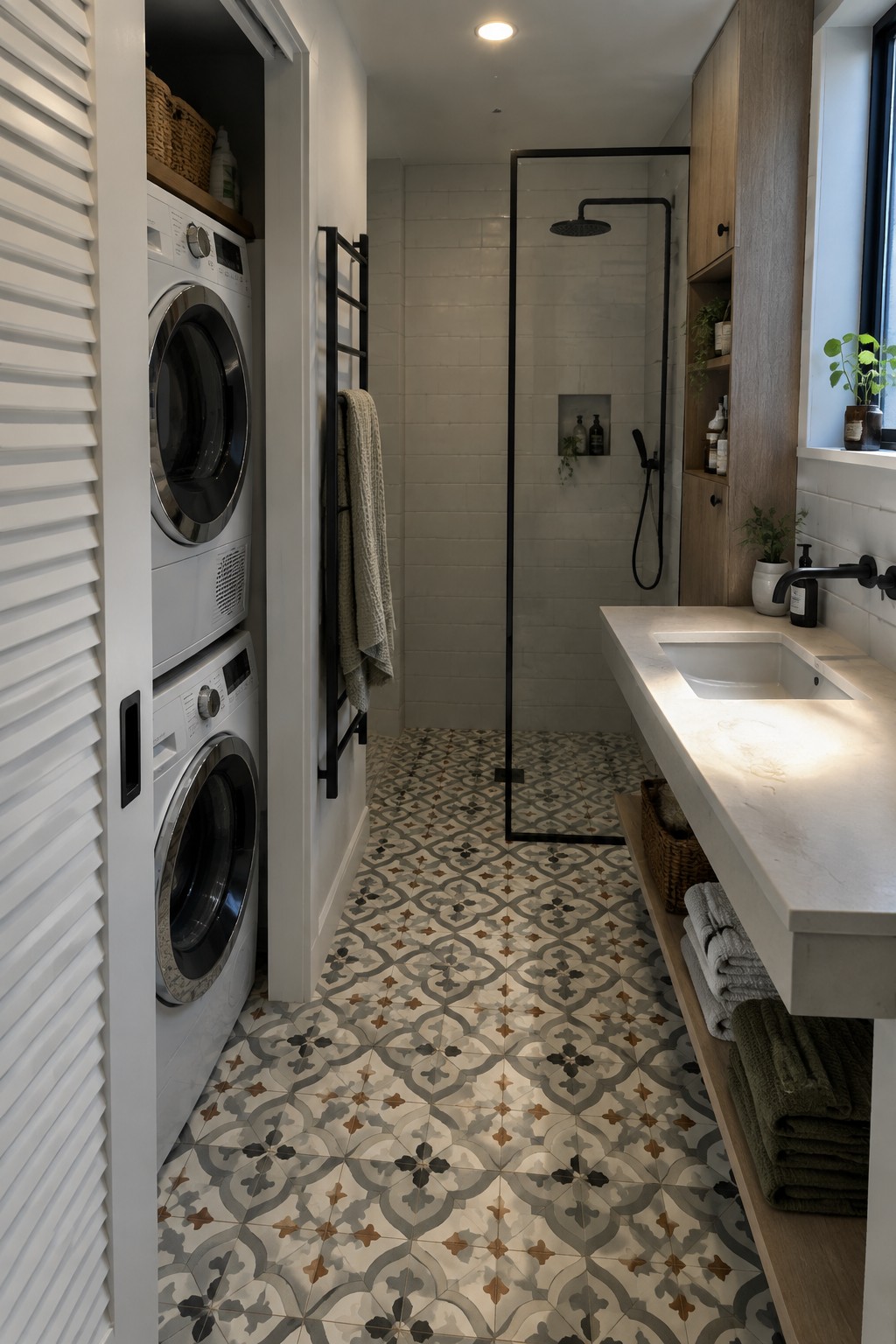 Modern laundry-bathroom with stacked washer-dryer, patterned tile floor, glass shower, and marble vanity