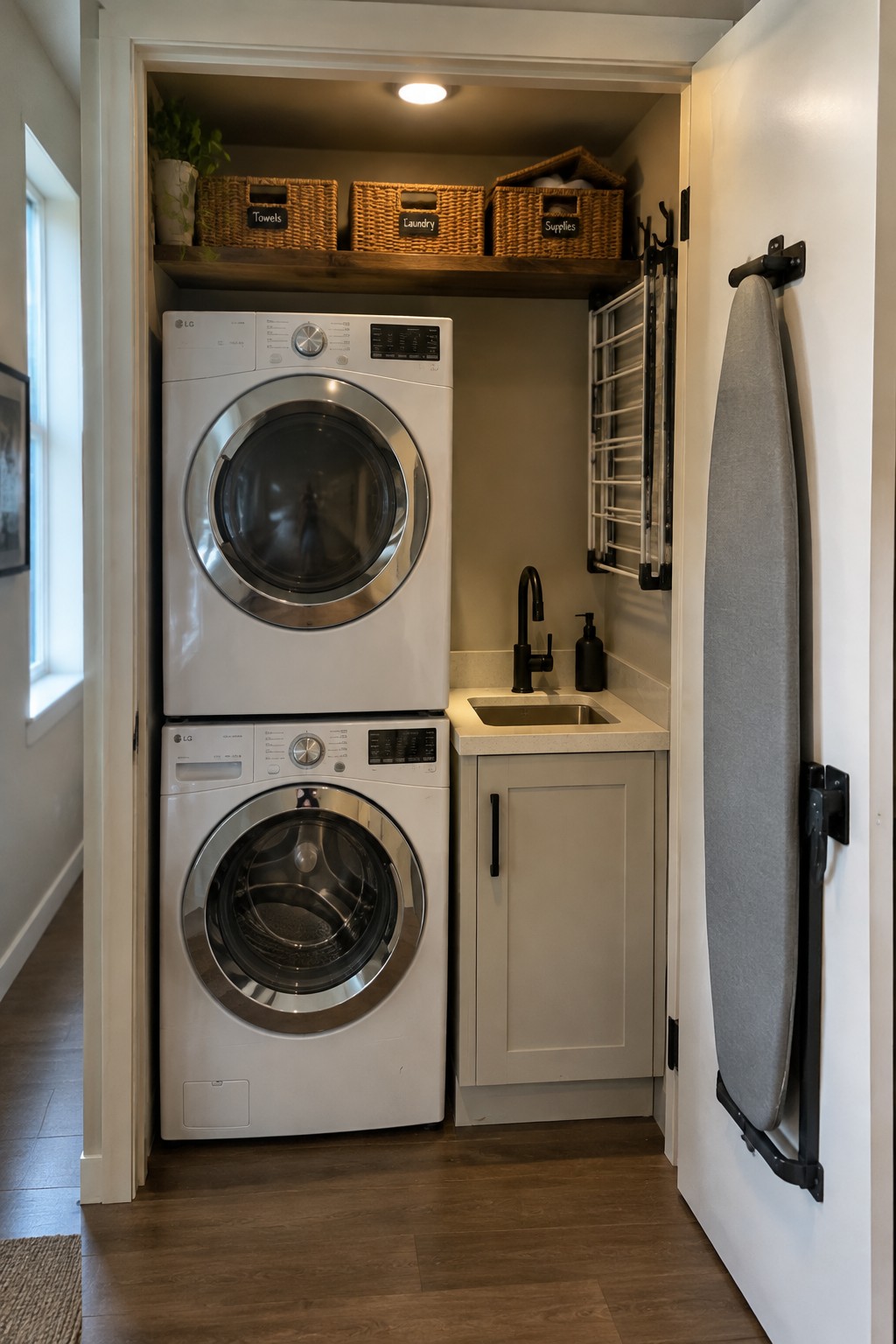 Stacked white LG washer and dryer in laundry closet with sink and baskets.