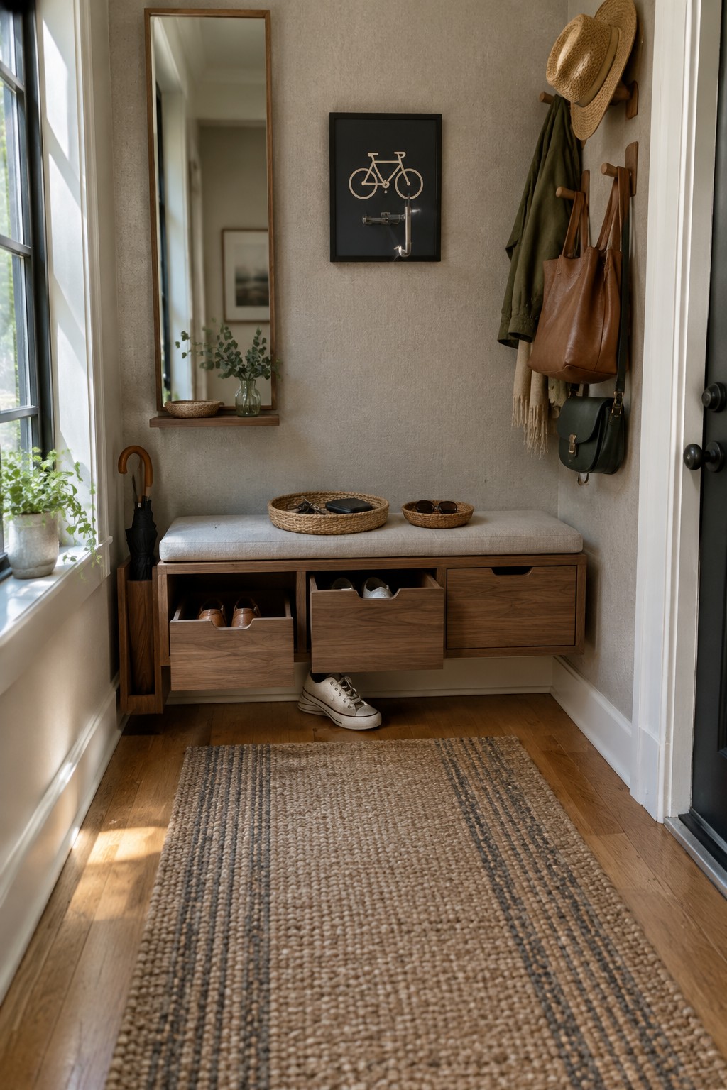 Minimalist mudroom with wooden storage bench, open drawers, mirror, and wall hooks.