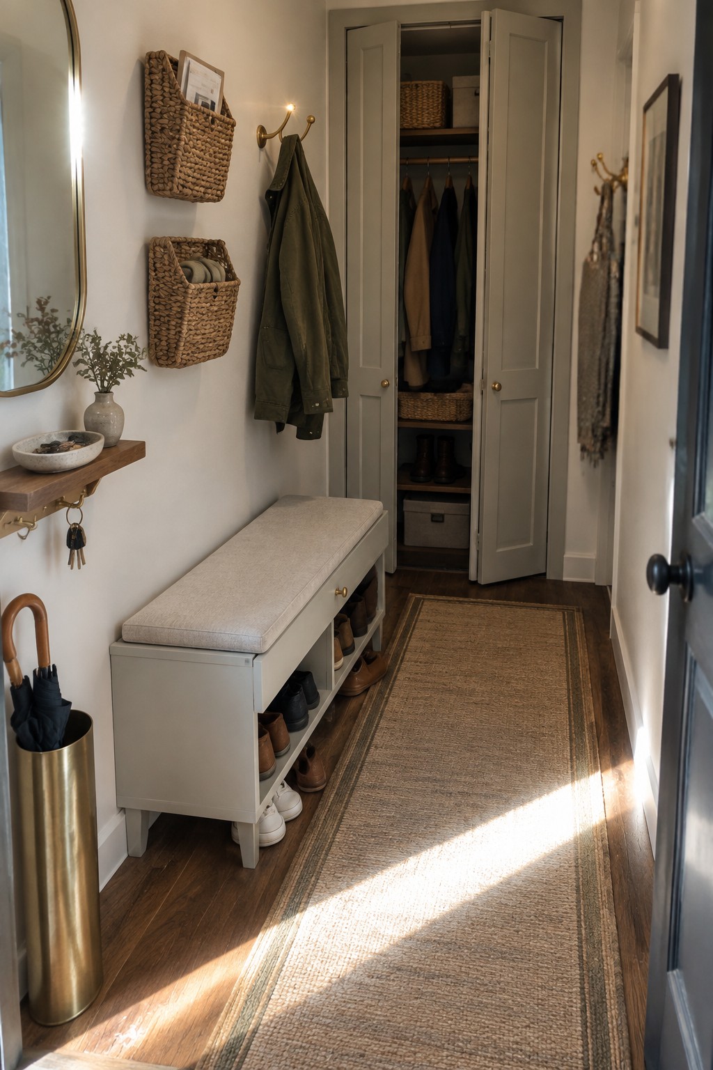 A narrow hallway with a cushioned gray storage bench holding shoes in open lower compartments, next to an open closet with hanging coats and boots.