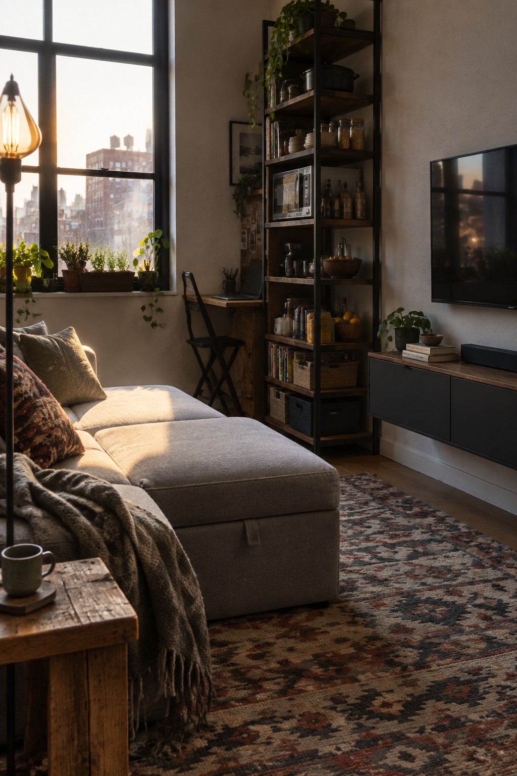 A living room with a gray sectional sofa and storage ottoman on a patterned rug, a tall black shelving unit, a wall-mounted TV, and a large window with plants on the sill.