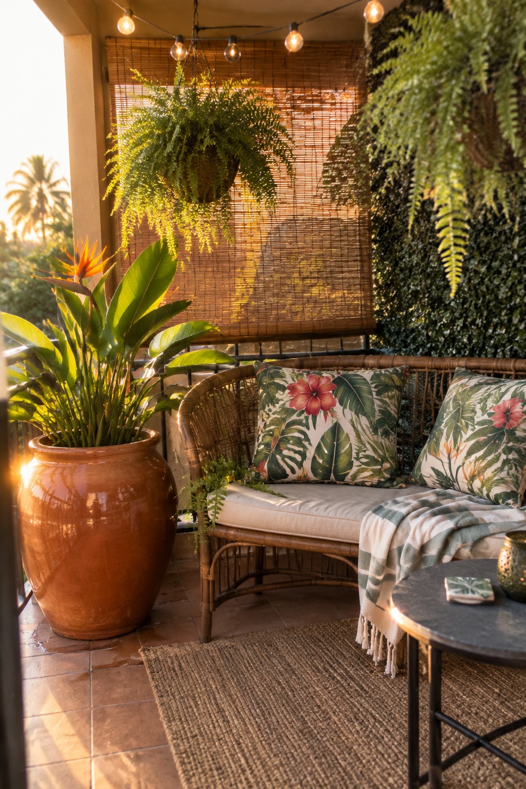 Rattan bench with tropical pillows on patio beside potted bird of paradise and ferns