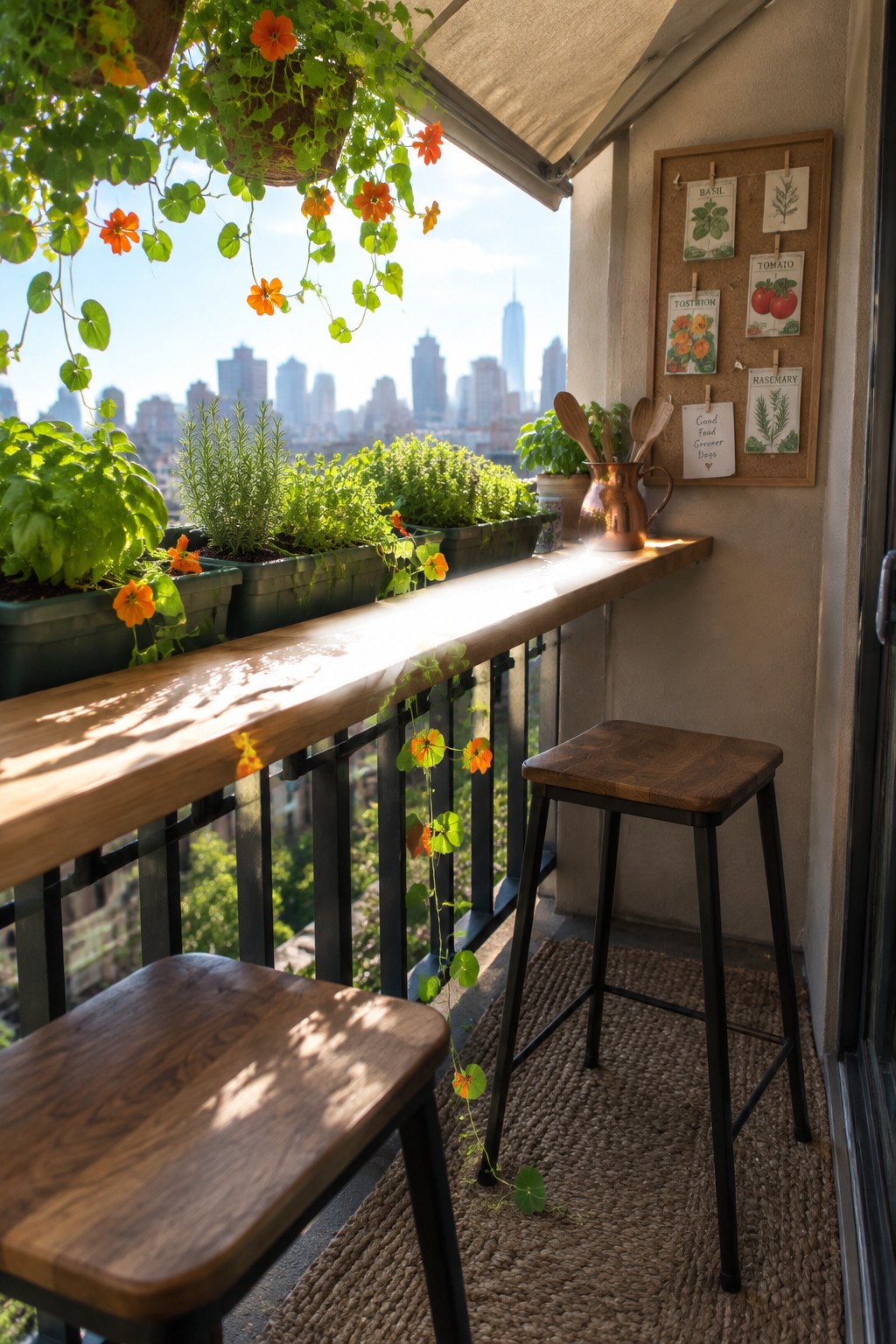 A compact balcony features a long wooden ledge along the black railing, two wooden stools of different heights on a woven rug, potted herbs, hanging plants with orange flowers, and a city skyline in the background.