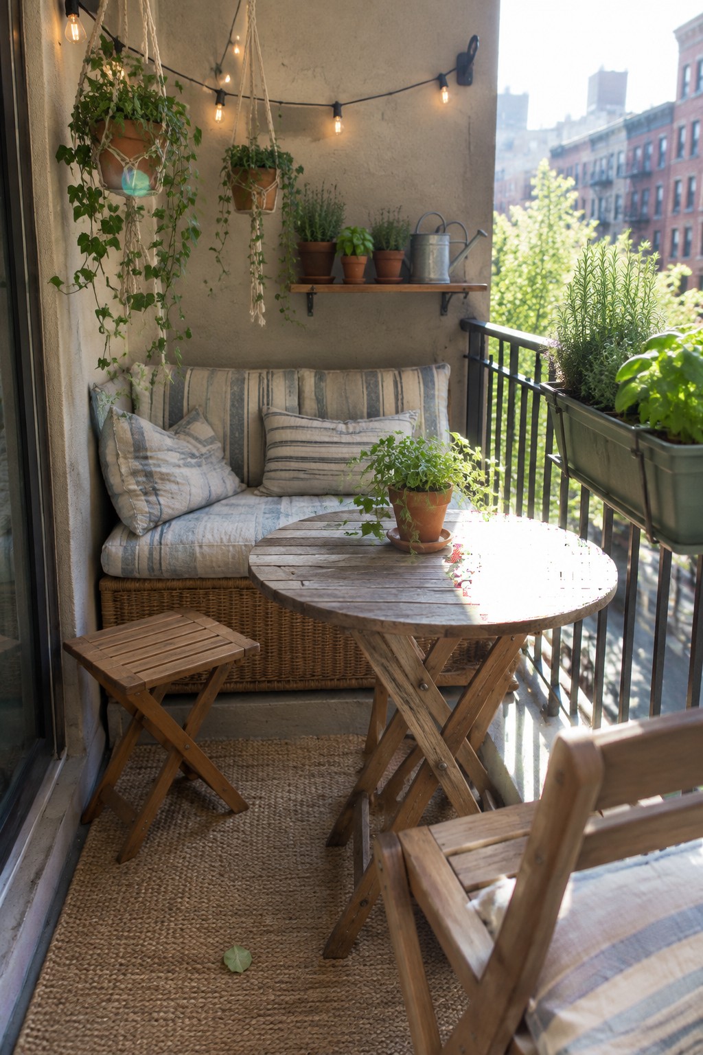 A compact balcony with a striped cushioned bench along the wall, a round wooden table, a small folding stool, hanging plants, and string lights overhead.