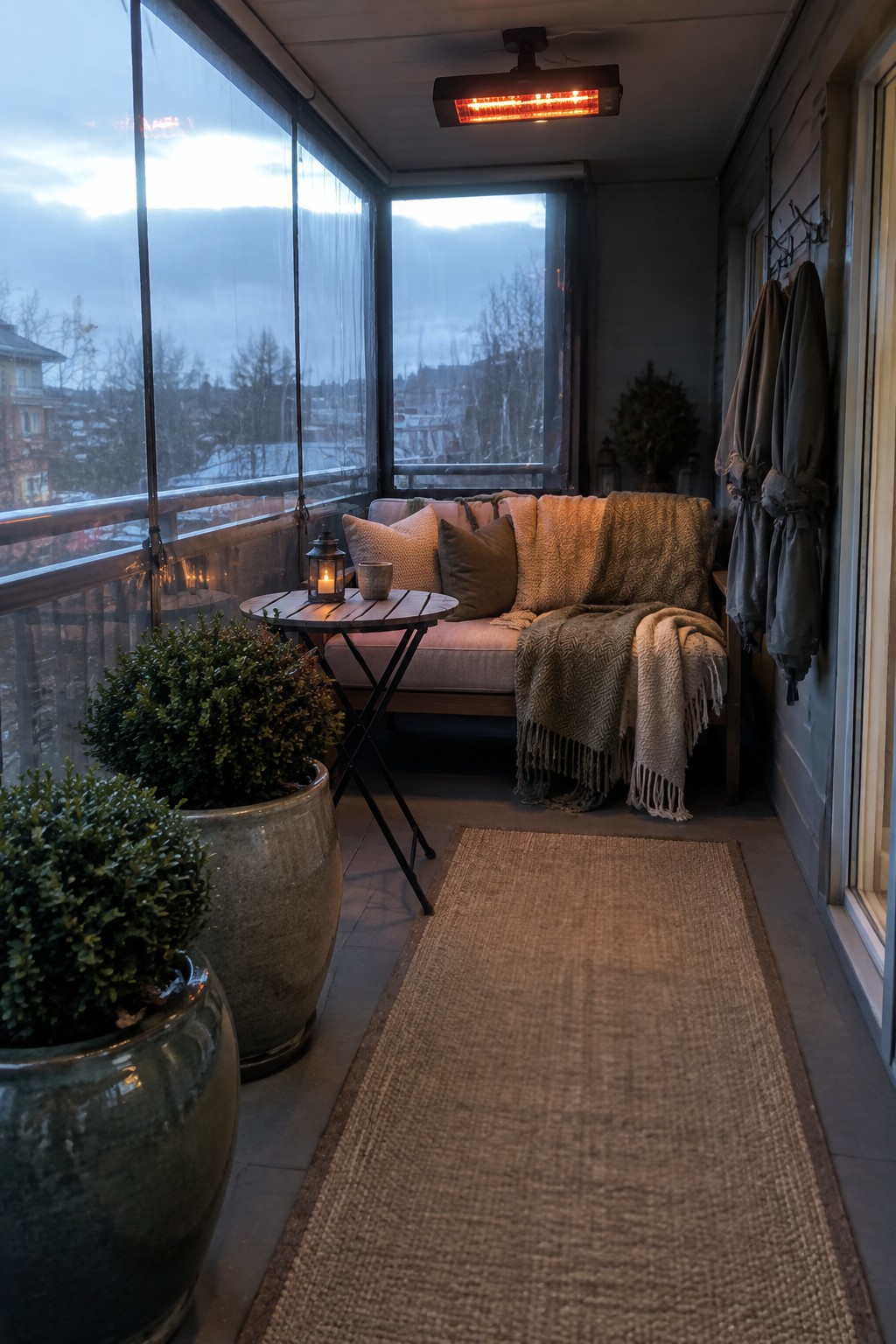 Cozy enclosed balcony with glowing heater, sofa, blankets, lantern, potted plants, and rug.