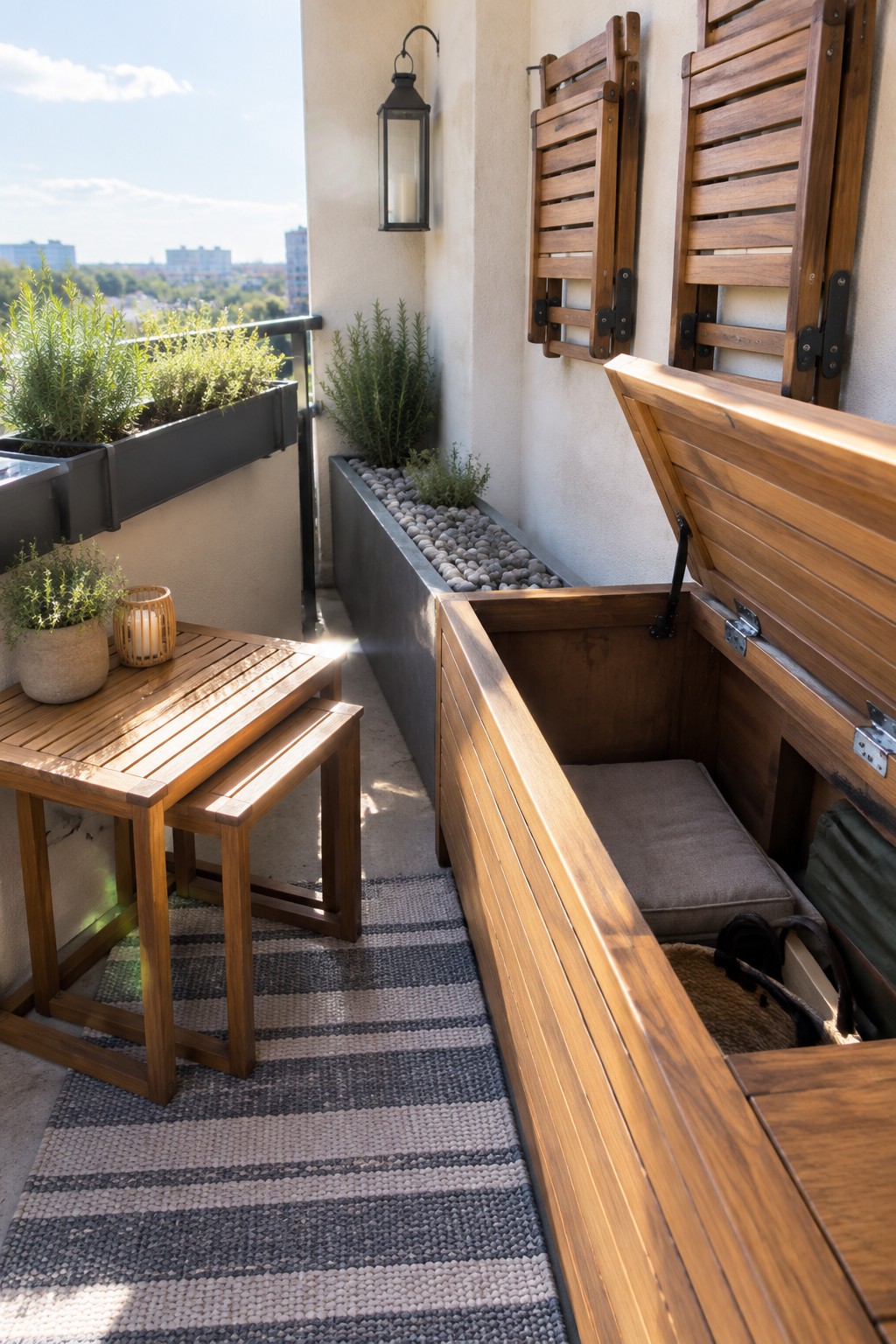 A narrow balcony features a long wooden bench with its hinged lid open, revealing a gray cushion and stored items inside, alongside a striped rug, wooden nesting tables, potted plants, and shuttered windows on a beige wall.