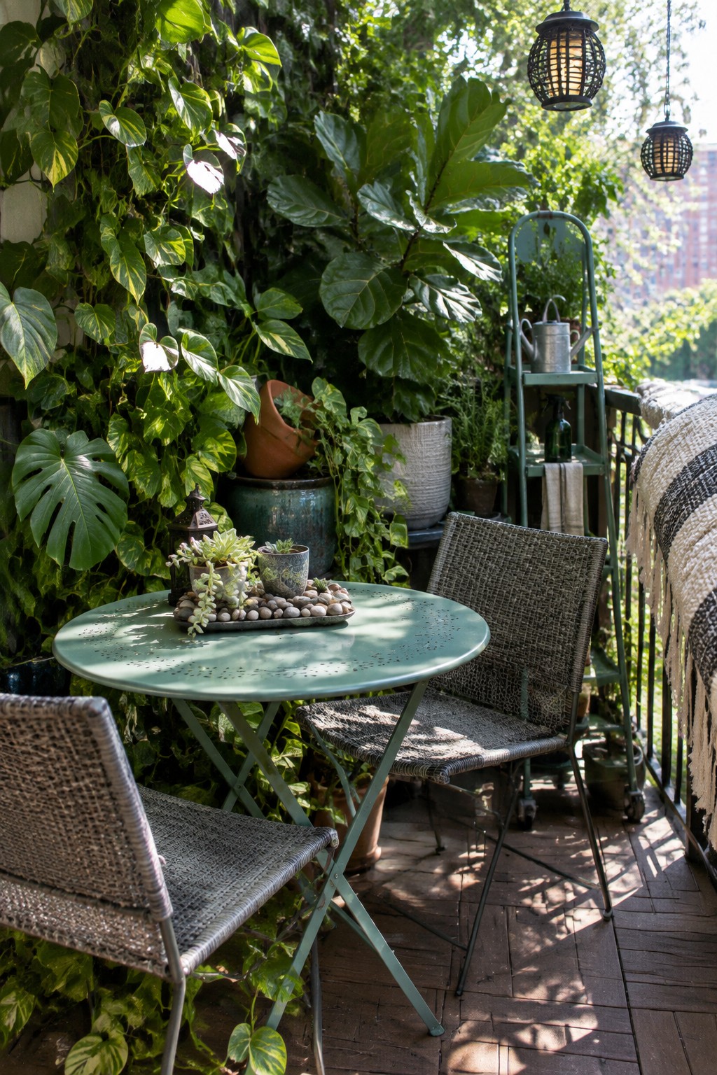 A small round green metal table with two woven chairs on a wooden balcony, surrounded by potted plants and hanging lanterns.