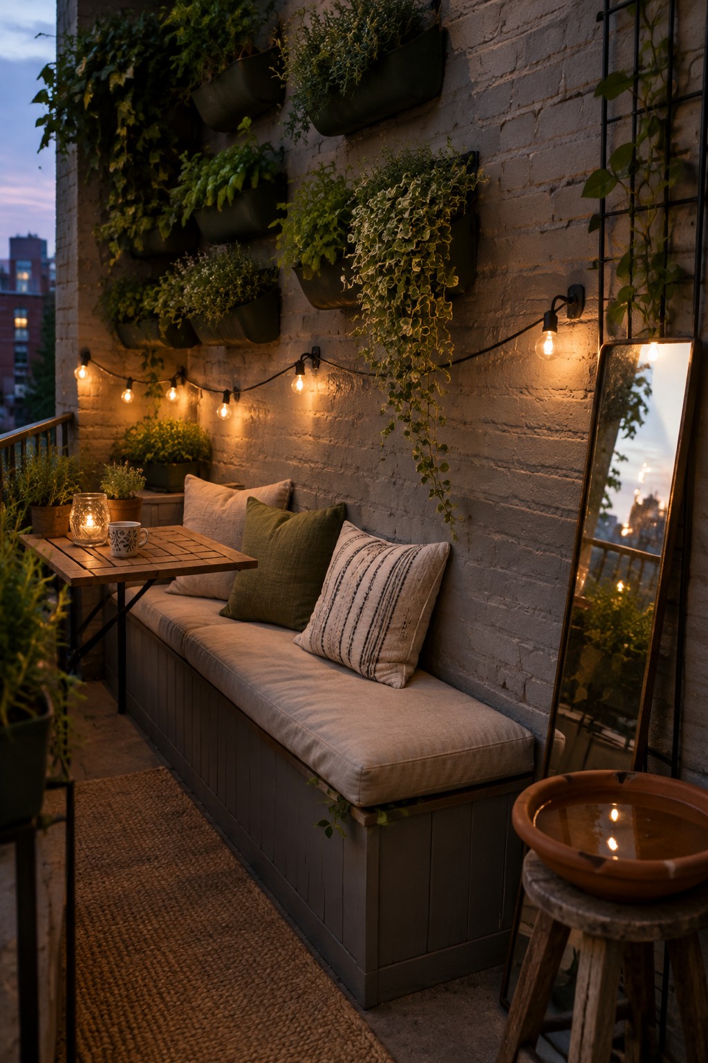 A narrow balcony features a long built-in bench with beige cushions against a white brick wall, accompanied by string lights, wall-mounted planters, a small wooden table, and a tall mirror.