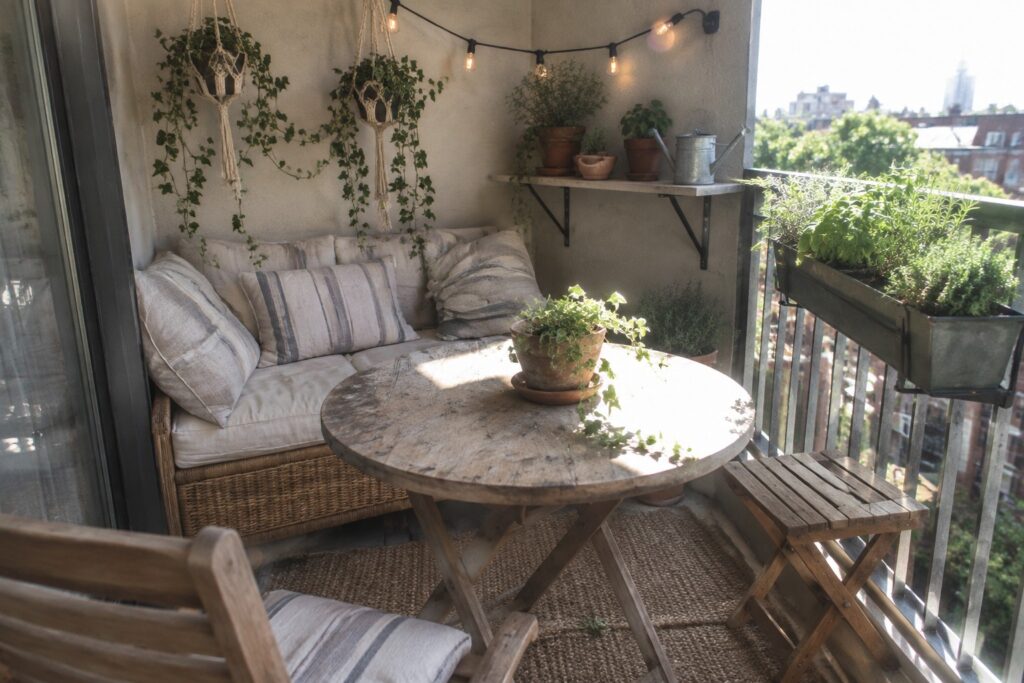 A compact balcony with a striped cushioned bench along the wall, a round wooden table, a small folding stool, hanging plants, and string lights overhead.