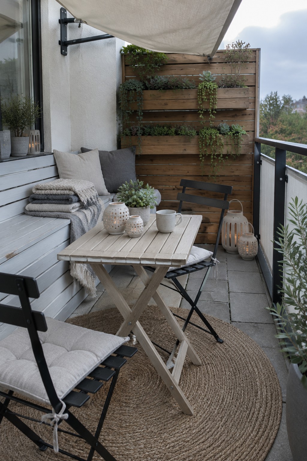 Cozy balcony with wooden table, black chairs, succulents, lanterns, and woven rug