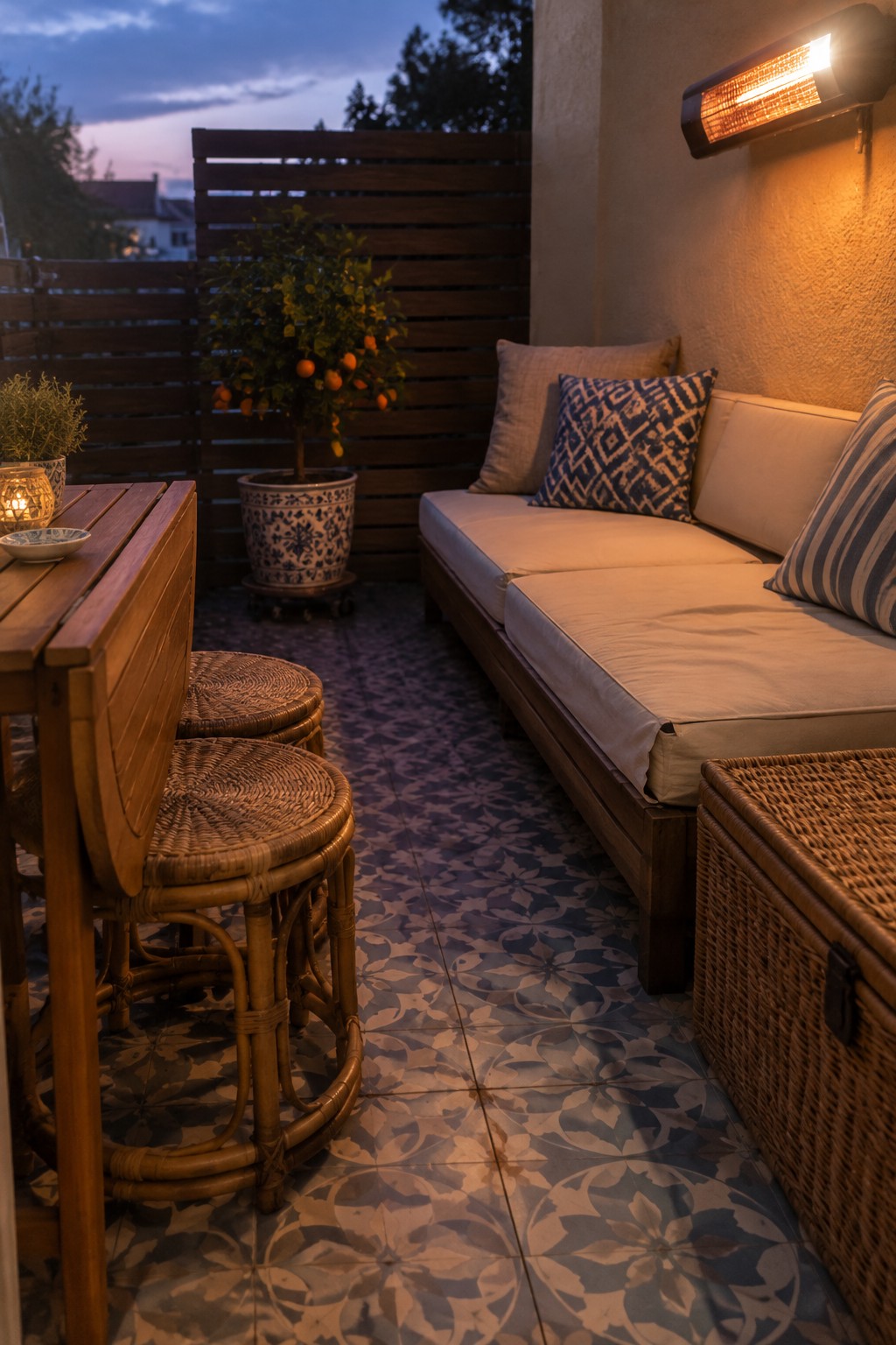 A narrow outdoor balcony at dusk featuring a wooden daybed bench with cushions along one wall, two rattan stools at a small wooden table, potted plants, and a wall-mounted heater.