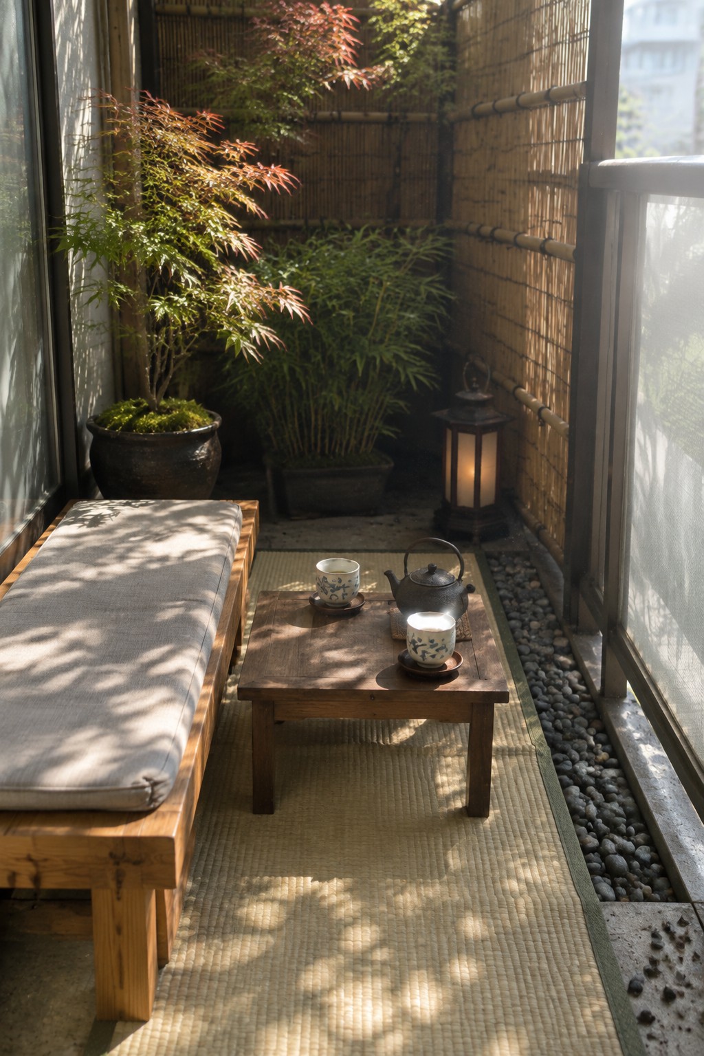 A narrow balcony with a low wooden table holding a teapot and cups on a woven mat, a cushioned wooden bench to one side, potted trees, bamboo screens, and a lit lantern.