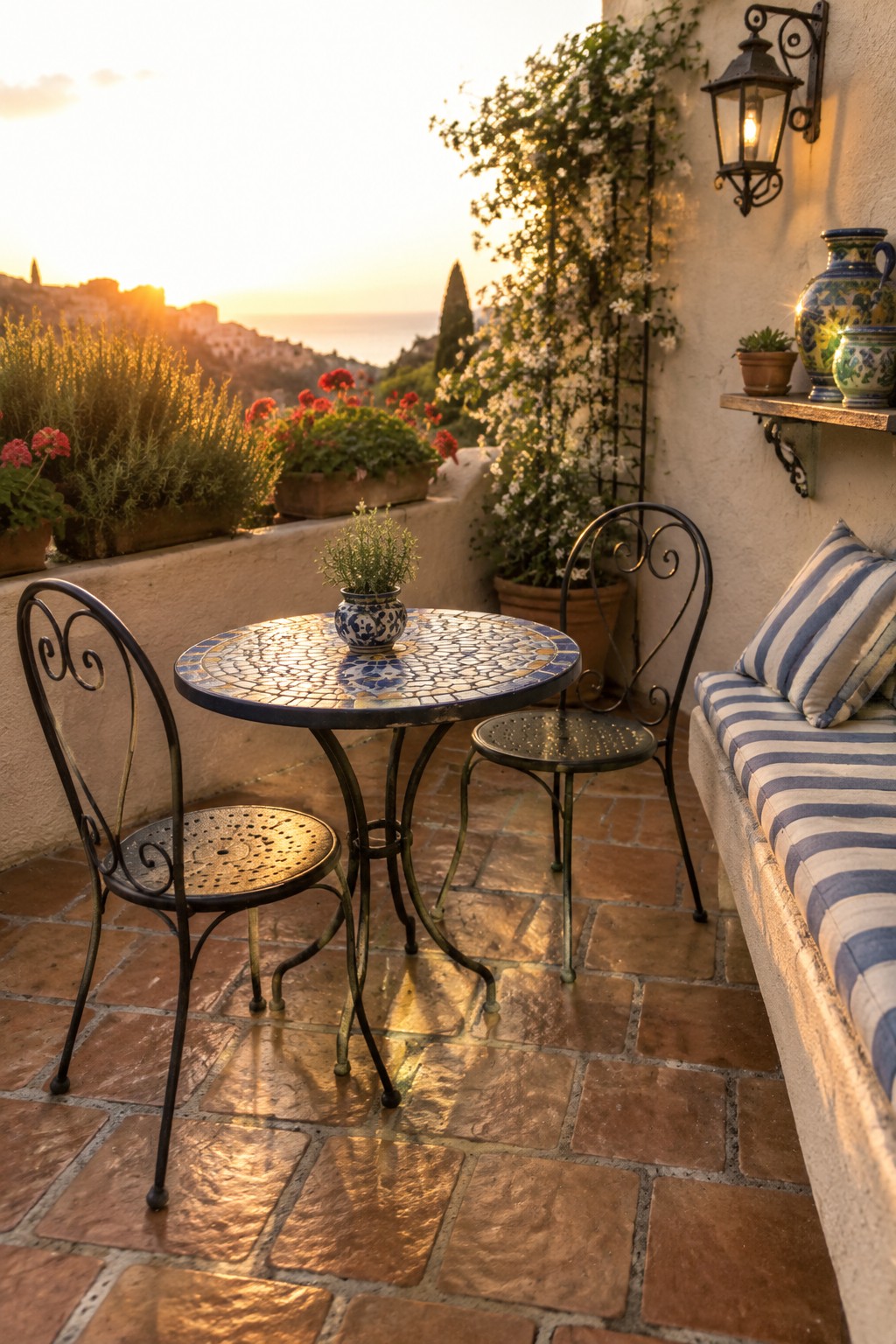 A round mosaic table with two black metal chairs and a blue striped bench on a terracotta tile patio with potted plants and a sunset view.