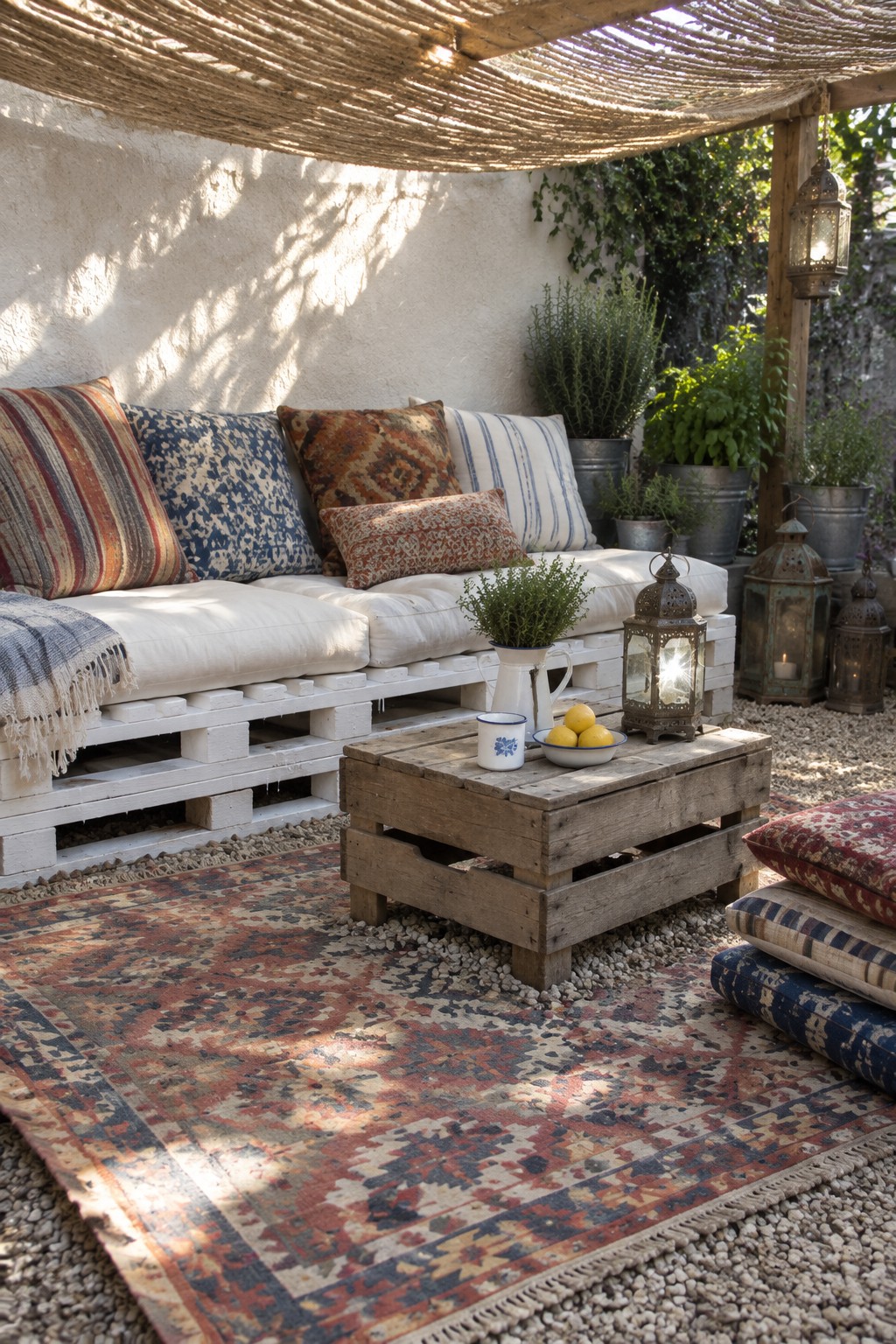 Outdoor patio with white painted pallet sofa and coffee table, patterned rug on gravel, cushions, lanterns, and potted plants under a rope shade.