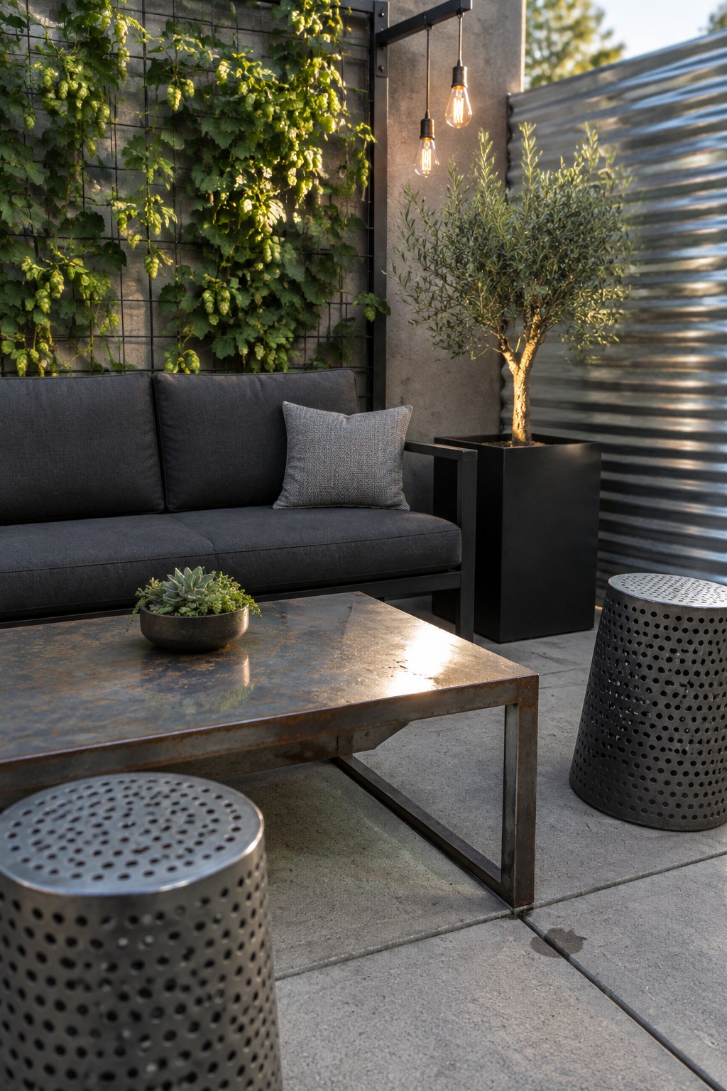 Outdoor patio scene with a dark gray sofa, metal coffee table, two perforated metal stools, a potted tree, and a vertical garden wall.