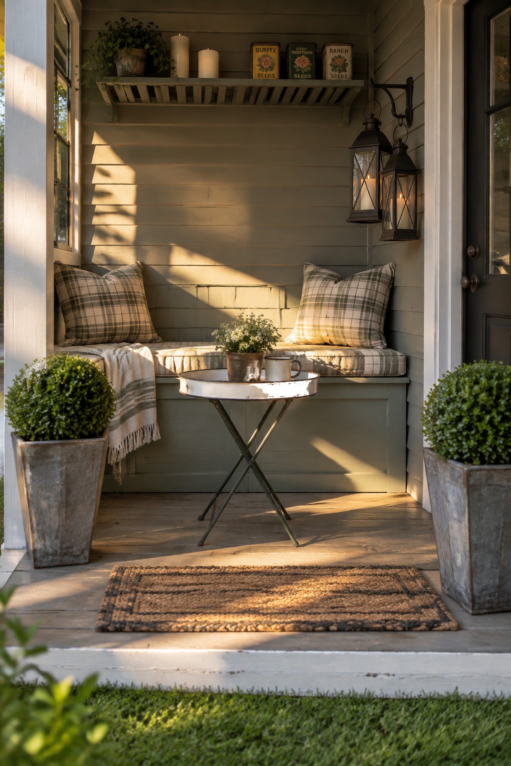 A compact porch with built-in bench seating, plaid pillows, a round tray table, potted shrubs, and two lanterns on a wooden floor.