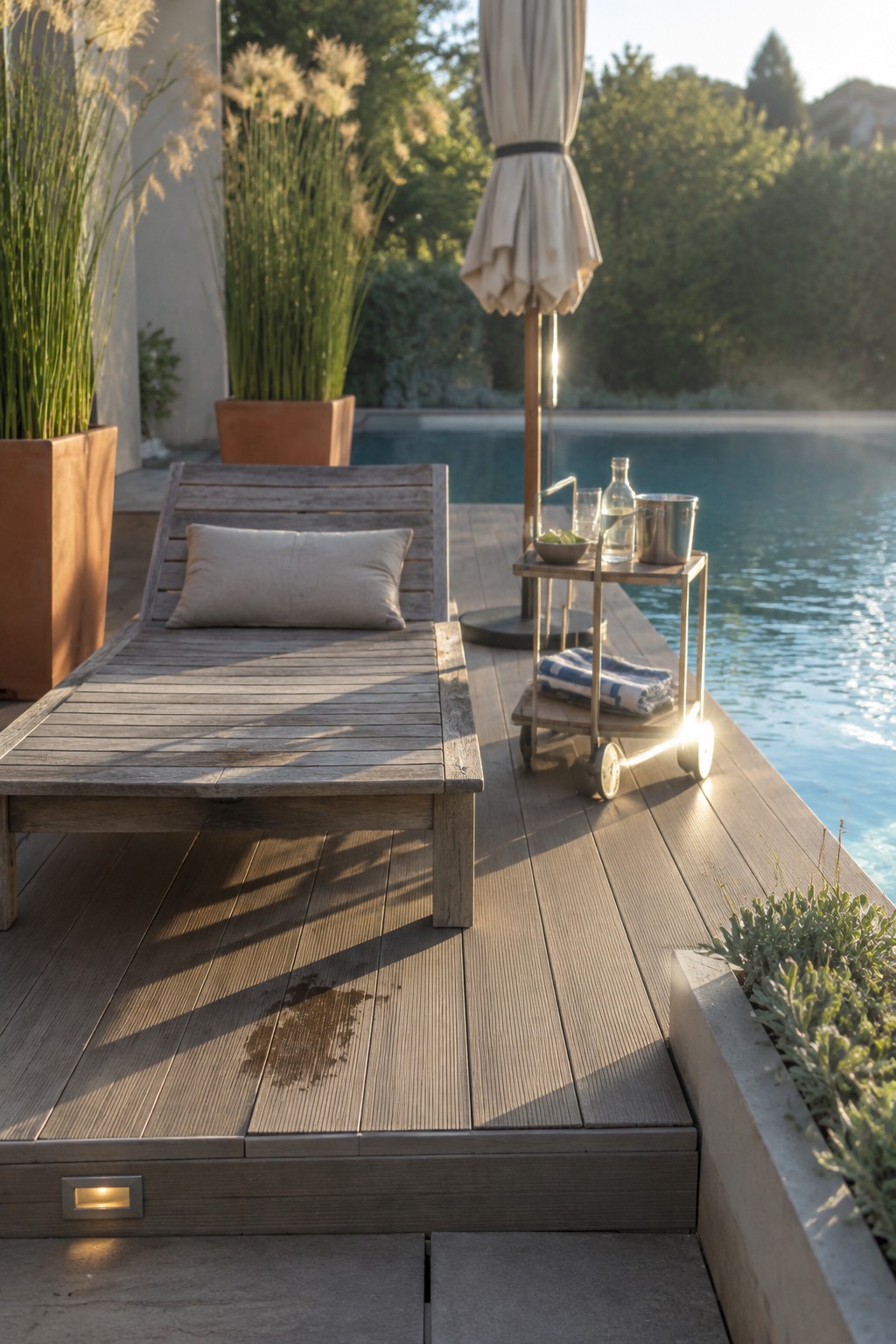 A wooden lounge chair with a cushion sits on a deck next to a small metal rolling cart holding glasses, a bowl, and a folded towel, with a pool and potted plants in the background.