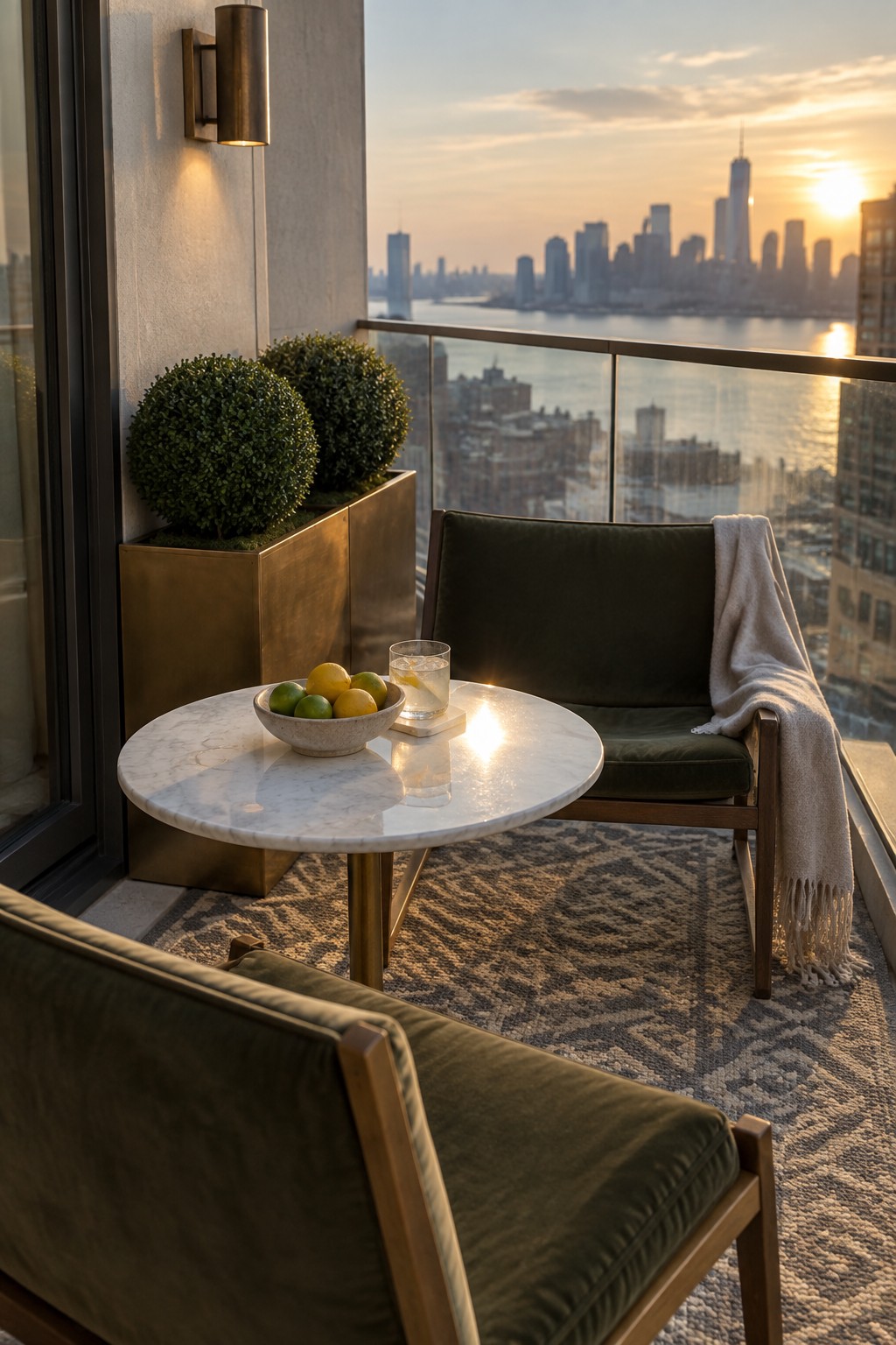 Green velvet chairs and marble table on balcony overlooking city skyline at sunset