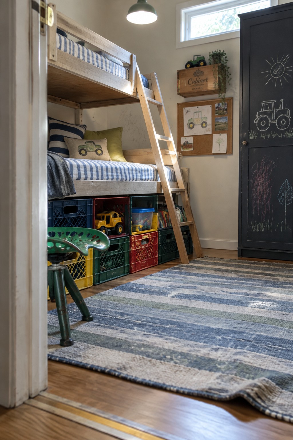A child's bedroom with a wooden bunk bed, colorful plastic crates used as storage underneath, and a striped rug on the floor.