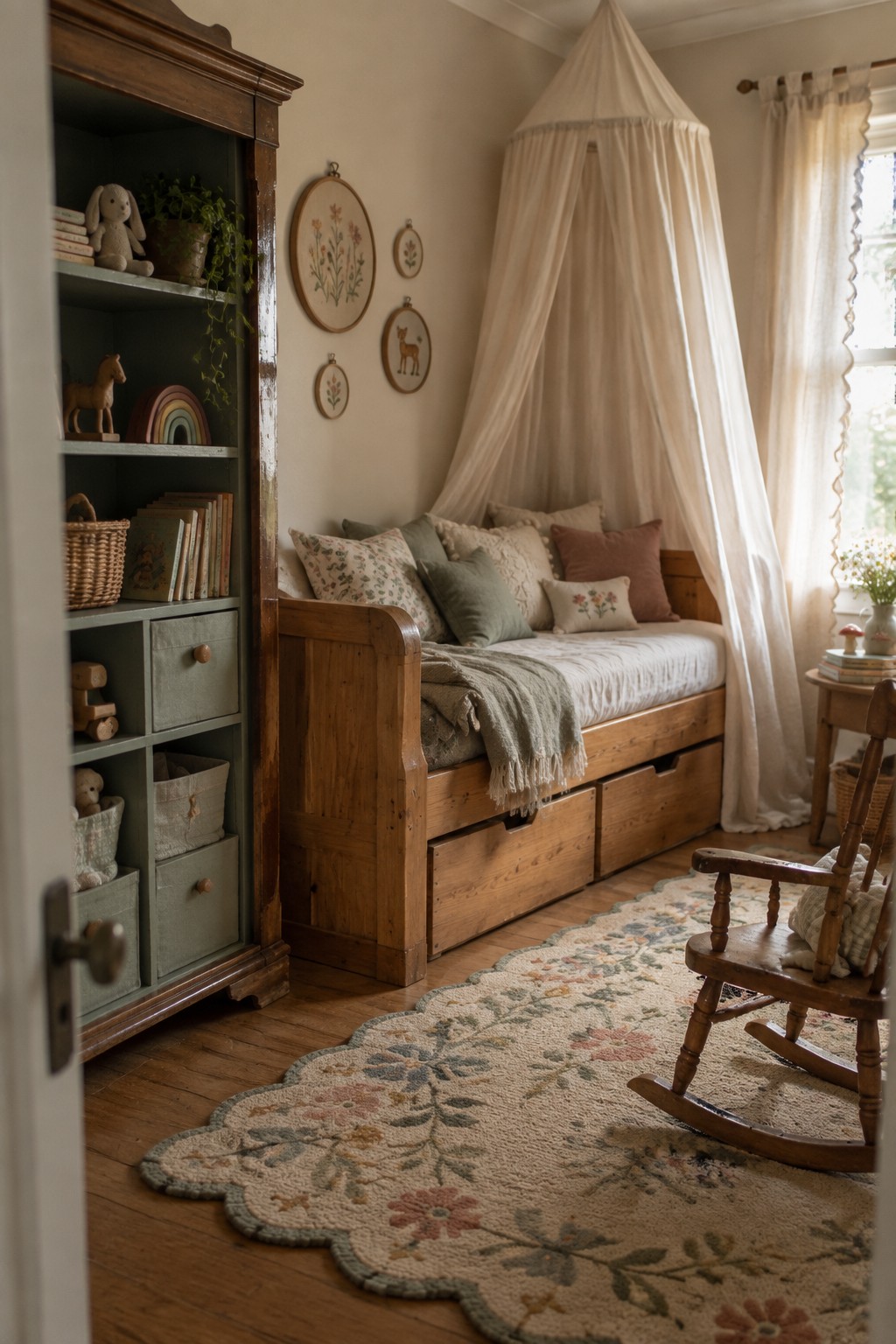 A wooden daybed with two large storage drawers underneath, topped with pillows and a canopy, next to a tall bookshelf in a bedroom.