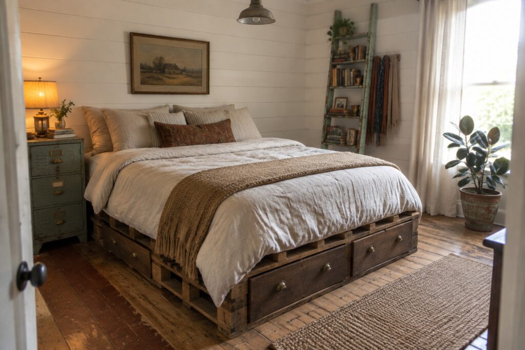 A bedroom with a low bed frame made from wooden pallets, showing multiple storage drawers built into the base and a green ladder shelf leaning against the wall.