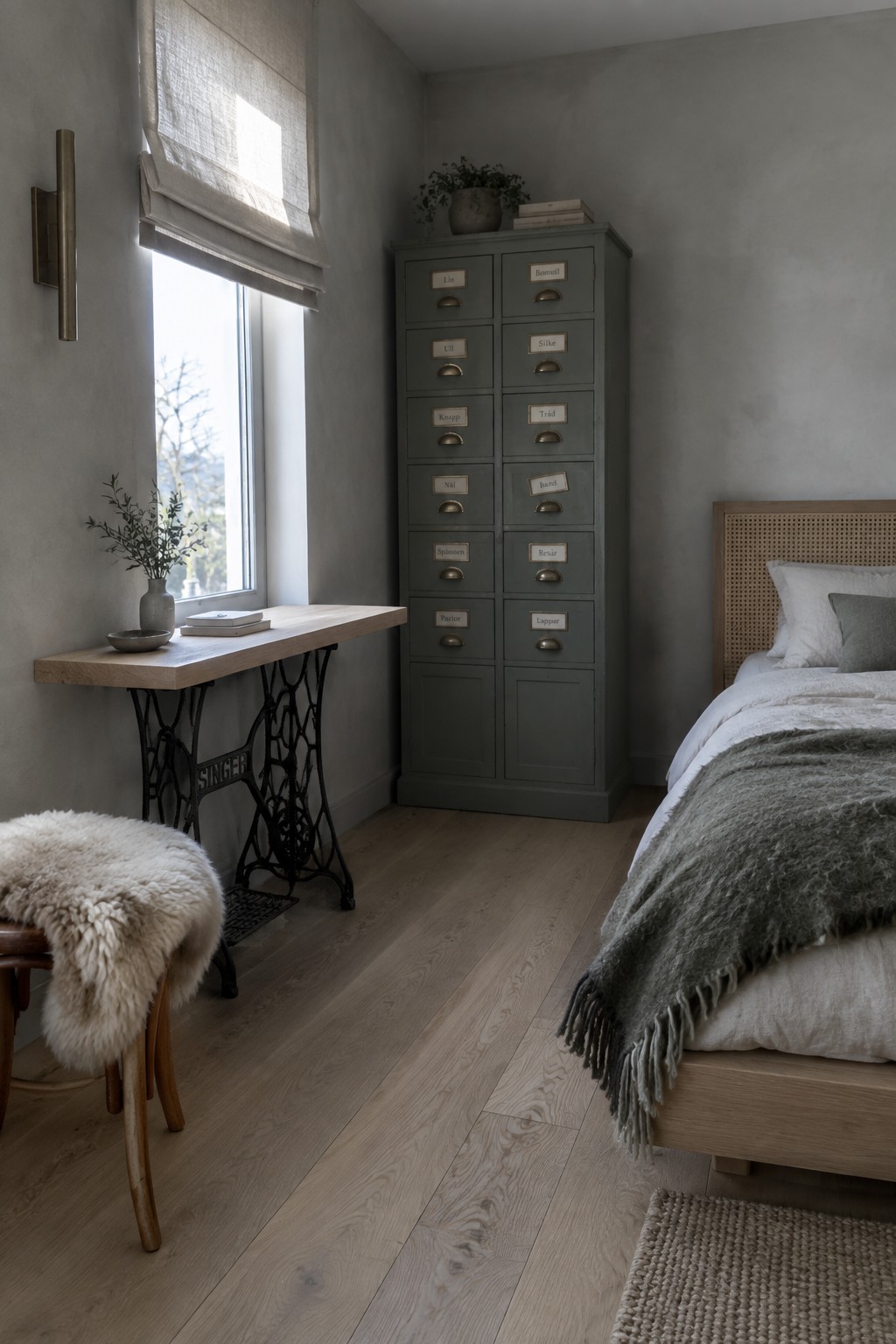 A bedroom scene showing a light wood desk mounted on a black vintage Singer sewing machine base beneath a window, next to a tall gray multi-drawer cabinet and a wooden bed with white and gray bedding.
