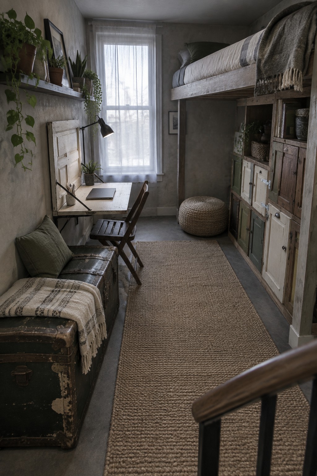 A narrow bedroom with a loft bed above rustic wooden cabinets, a vintage trunk used as a cushioned bench, a small wooden desk with chair, and a woven rug on the concrete floor.