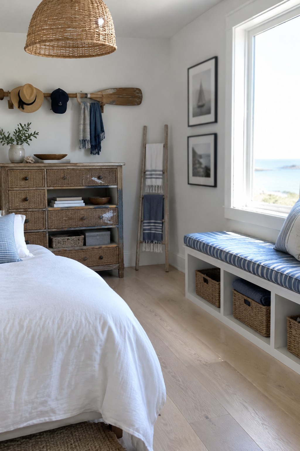Coastal bedroom with white bed, blue striped window seat, woven light, and ocean view.