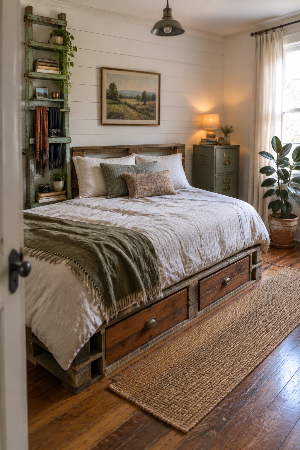 A bedroom with a low bed frame made from wooden pallets, showing multiple storage drawers built into the base and a green ladder shelf leaning against the wall.