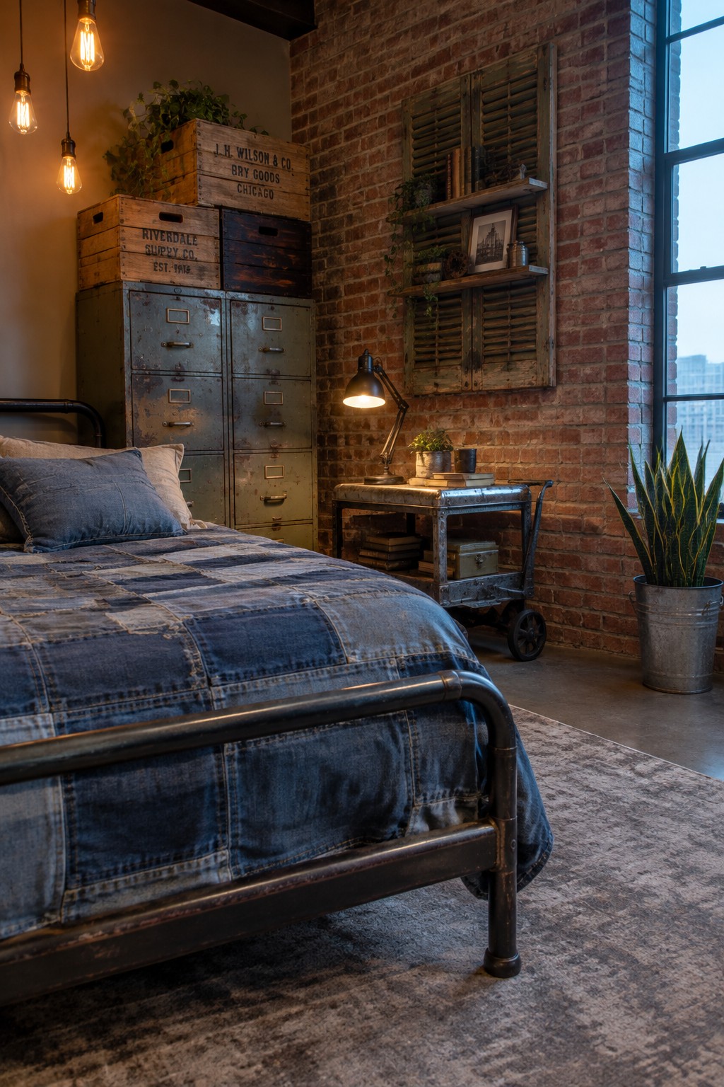 Industrial bedroom with denim patchwork quilt, brick walls, and vintage metal furniture