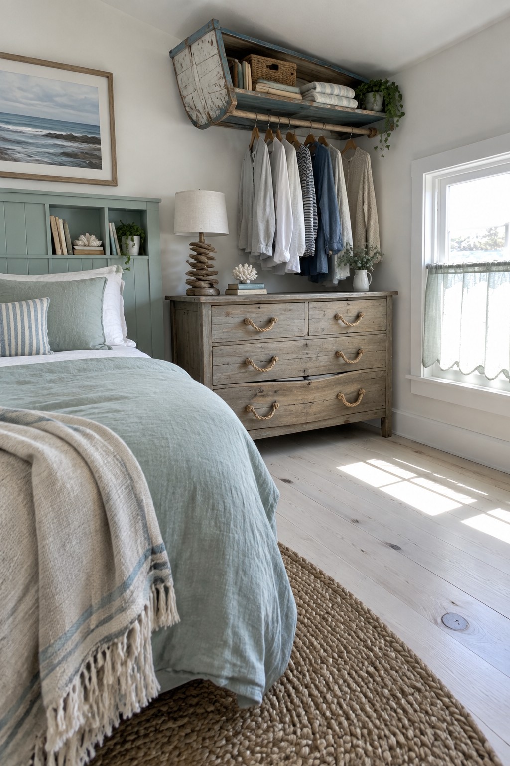 A bedroom with a bed in light blue and beige linens, a rustic wooden dresser with rope handles, and an upcycled boat shelf mounted on the wall with clothes hanging from a rod underneath.