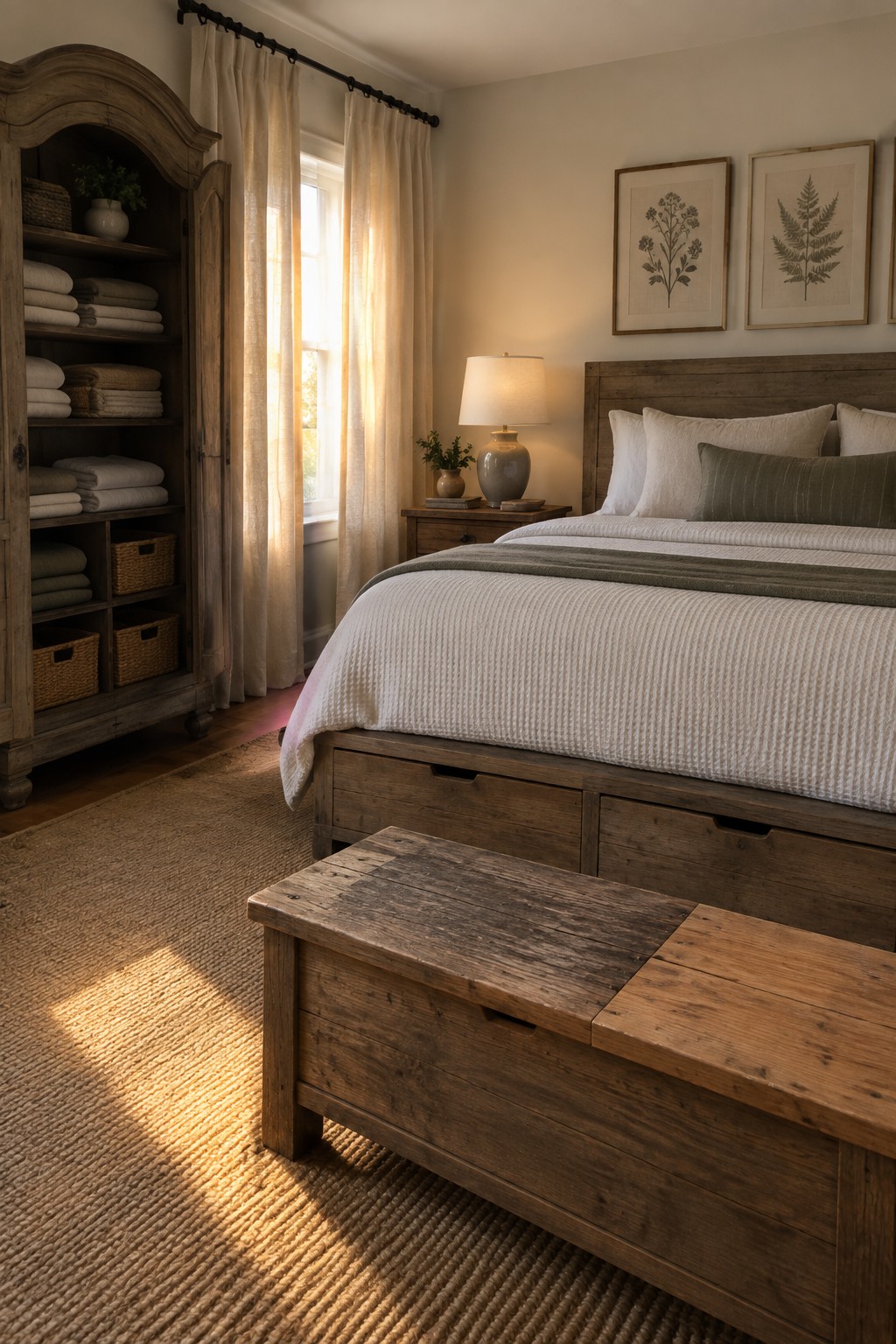 A bedroom featuring a large rustic wooden storage chest used as a bench at the foot of a bed, next to a tall wooden cabinet with open shelves and a window with sheer curtains.