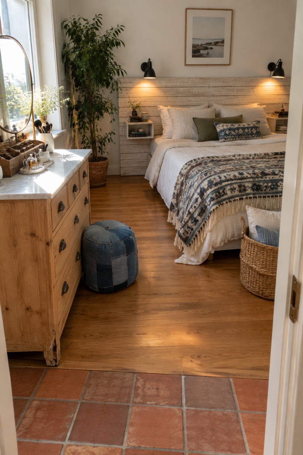 A bedroom interior showing a wooden dresser with multiple drawers on the left, a denim pouf on the floor, and a bed with white linens against a plank headboard.