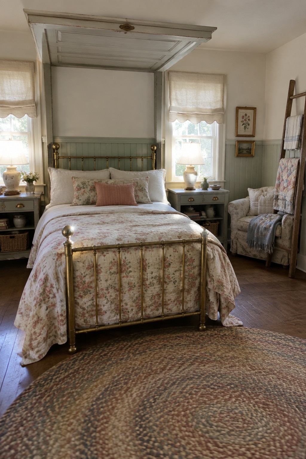 A bedroom featuring a brass bed with floral linens, two gray painted nightstands, windows with fabric shades, an upholstered chair, and a round braided rug.