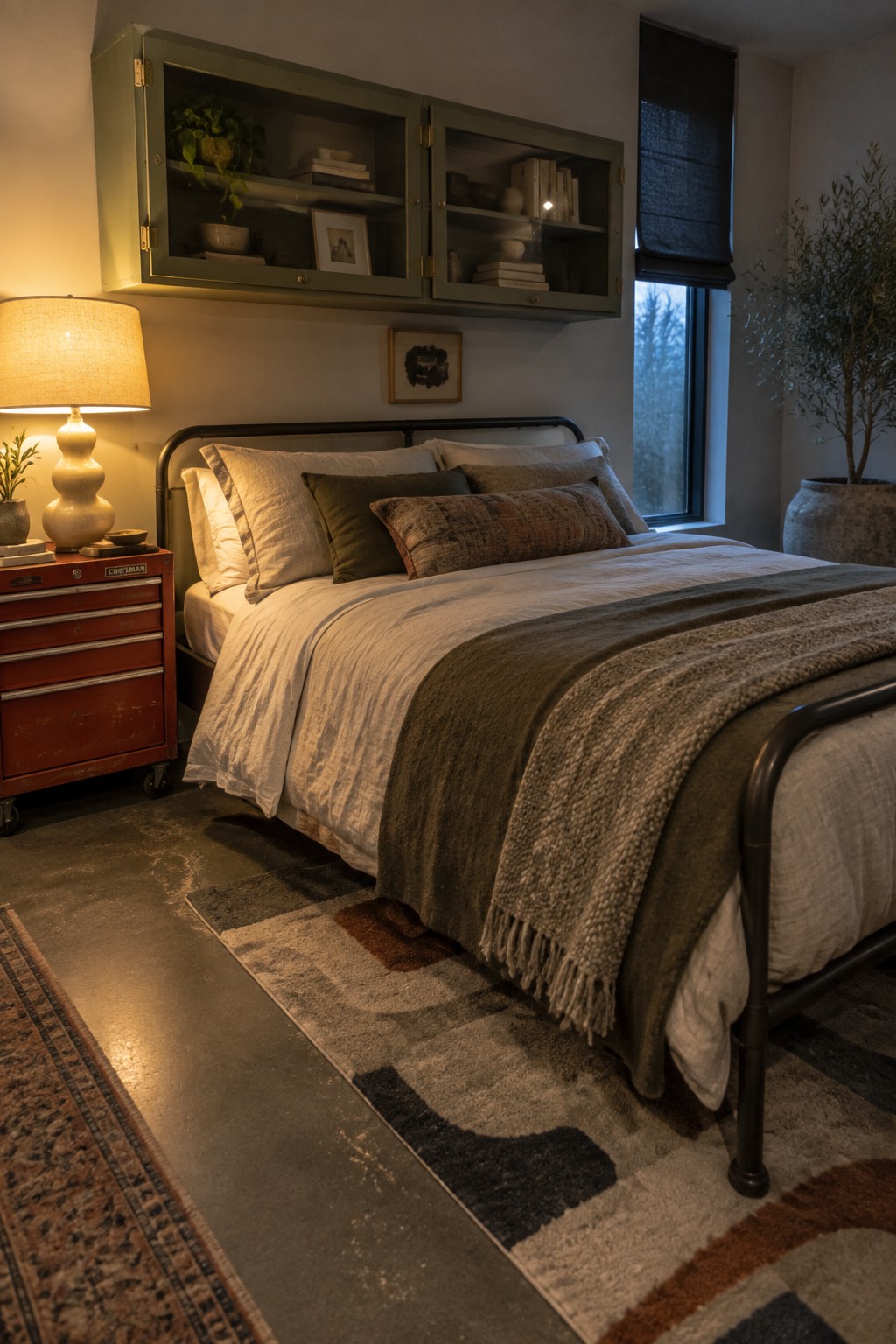 A bedroom with a bed dressed in white and olive linens, a red metal tool chest used as a nightstand holding a lamp, and green wall-mounted cabinets above the bed.