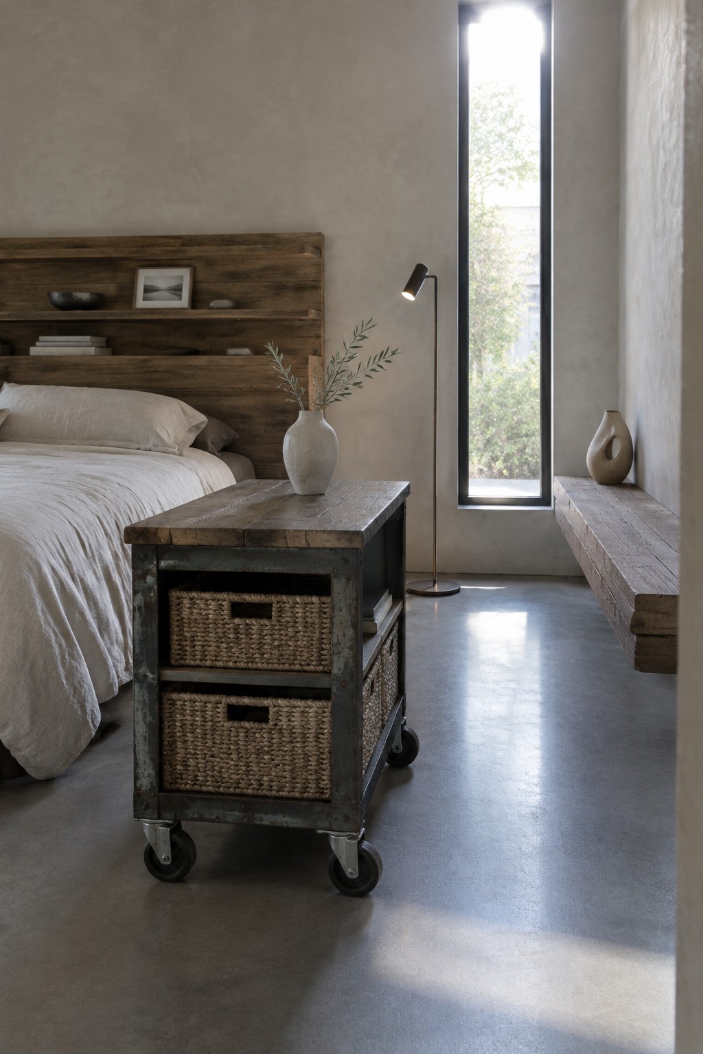 Rustic rolling cart with baskets beside bed in sunlit minimalist bedroom