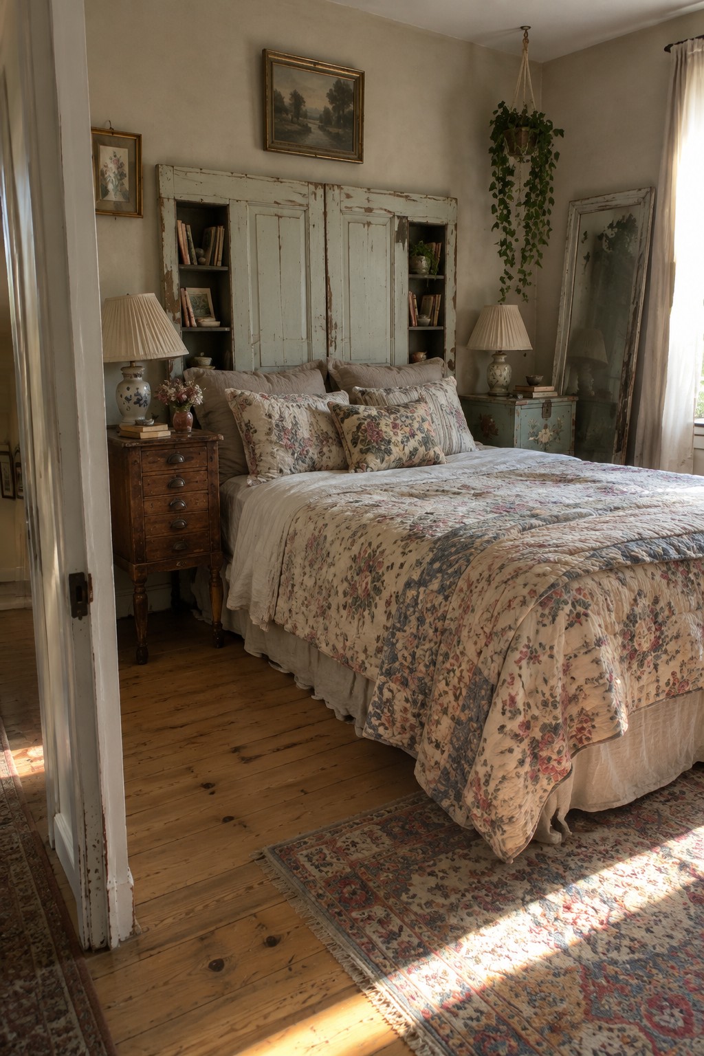 A bedroom featuring a large bed with floral bedding positioned in front of a wall of distressed light blue cabinet doors converted into built-in storage with open shelves.