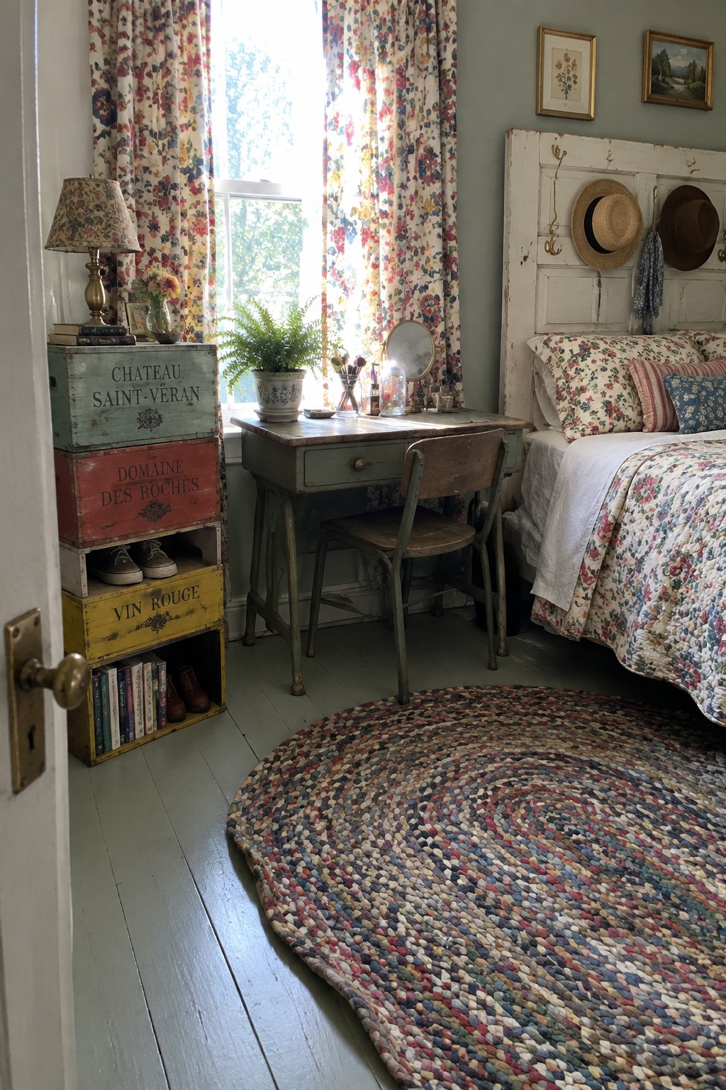 A bedroom with stacked wooden crates used for storage beside a painted desk and chair, next to a bed with floral bedding and a window with matching curtains.