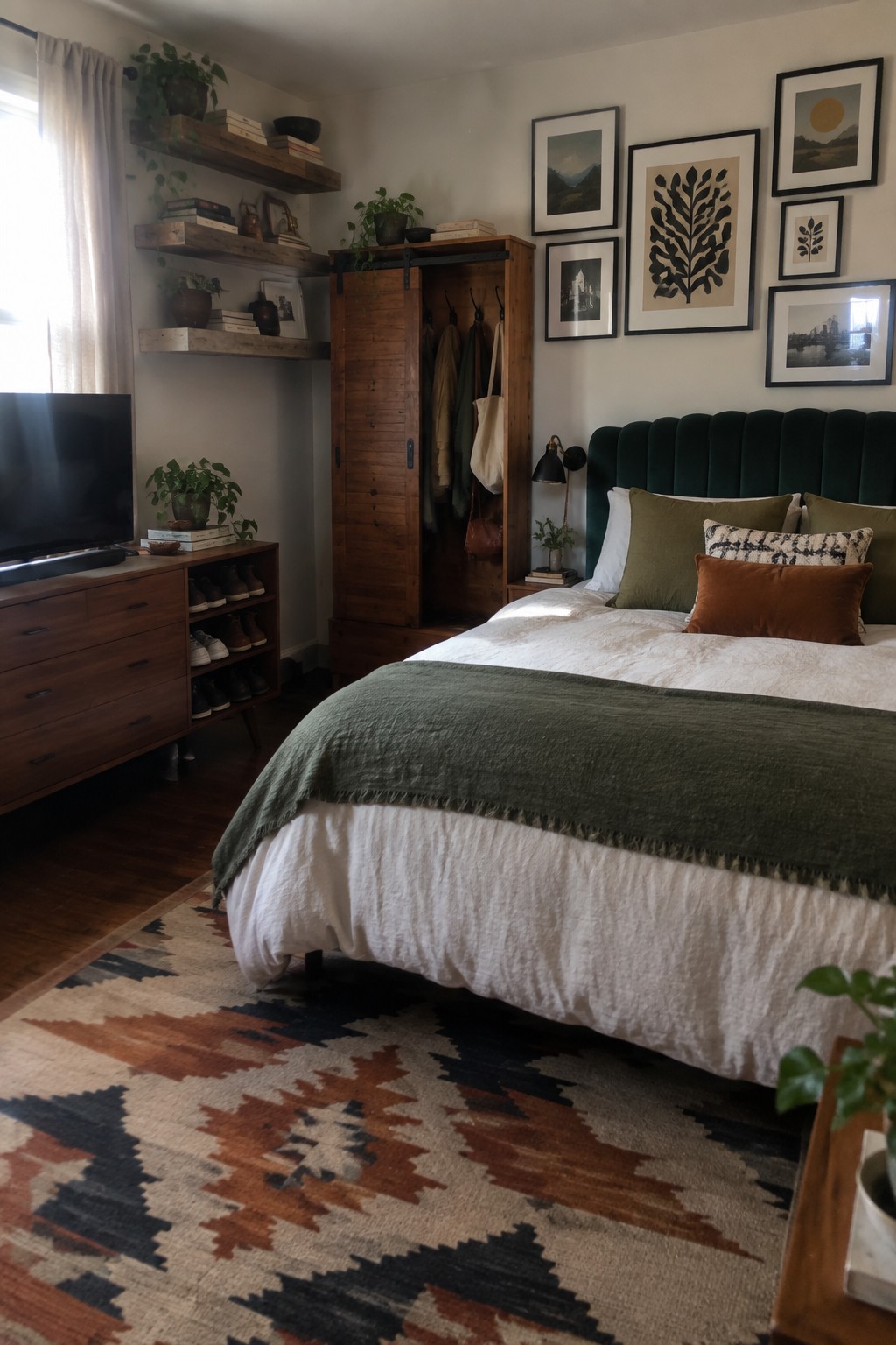 A bedroom featuring a tall wooden wardrobe with sliding doors and open interior storage, floating wooden shelves above, a bed with white linens and a green throw, and a patterned area rug.