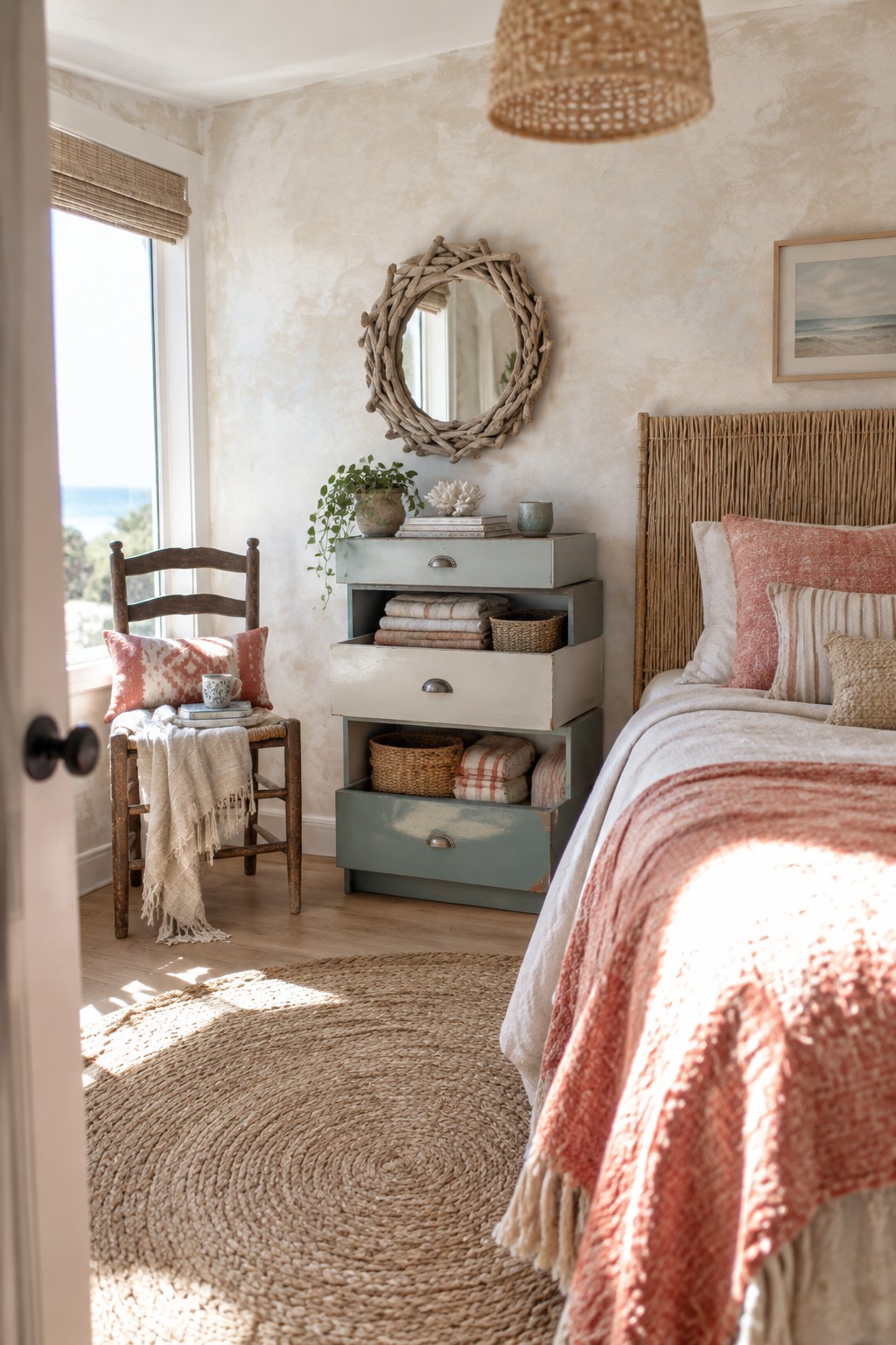 Cozy bedroom with coral bedding, sage dresser, woven rug, wooden chair, and sea view.