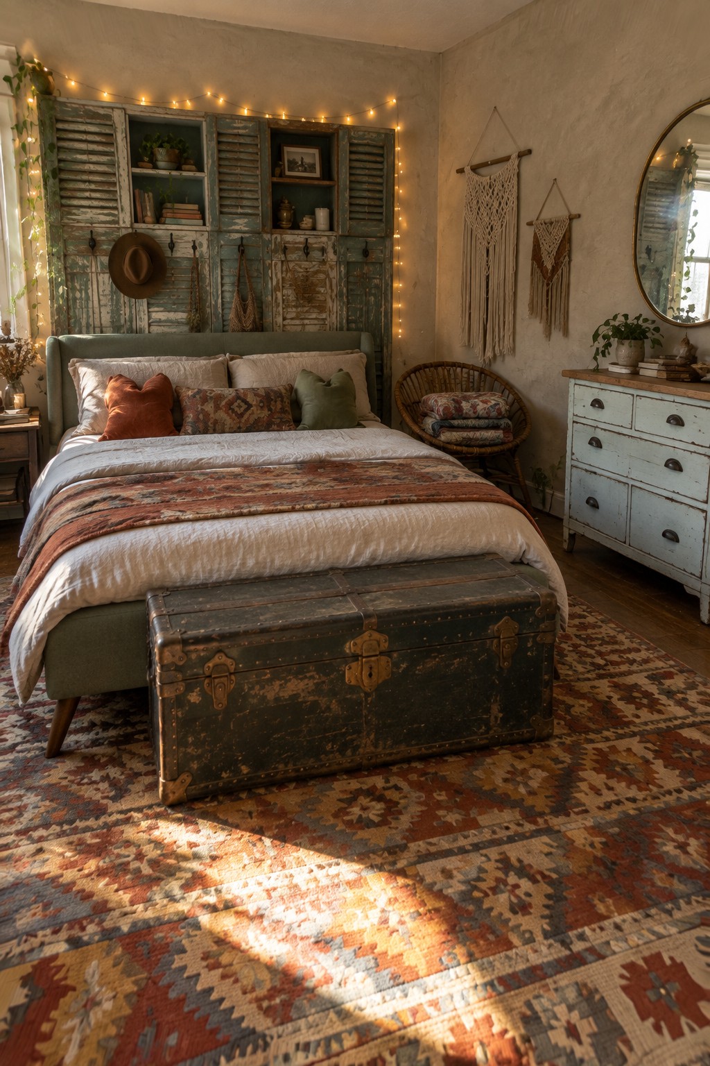 Rustic bedroom with green bed, vintage trunk, colorful rug, and string lights