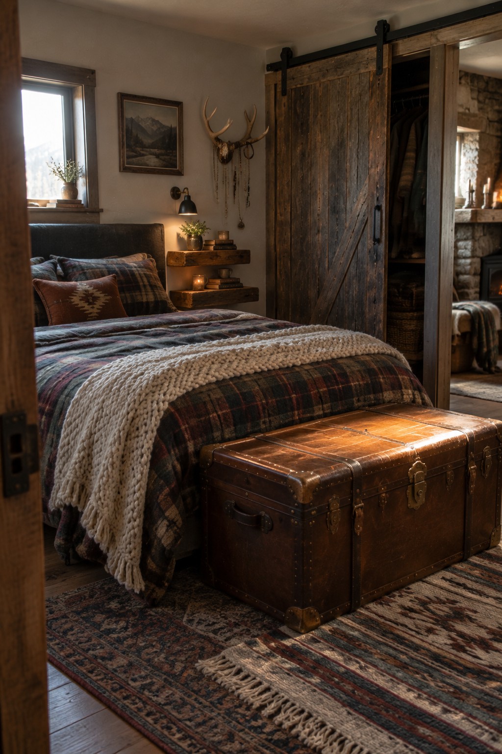 Rustic bedroom with plaid bed, leather trunk, barn door, antlers, and mountain art